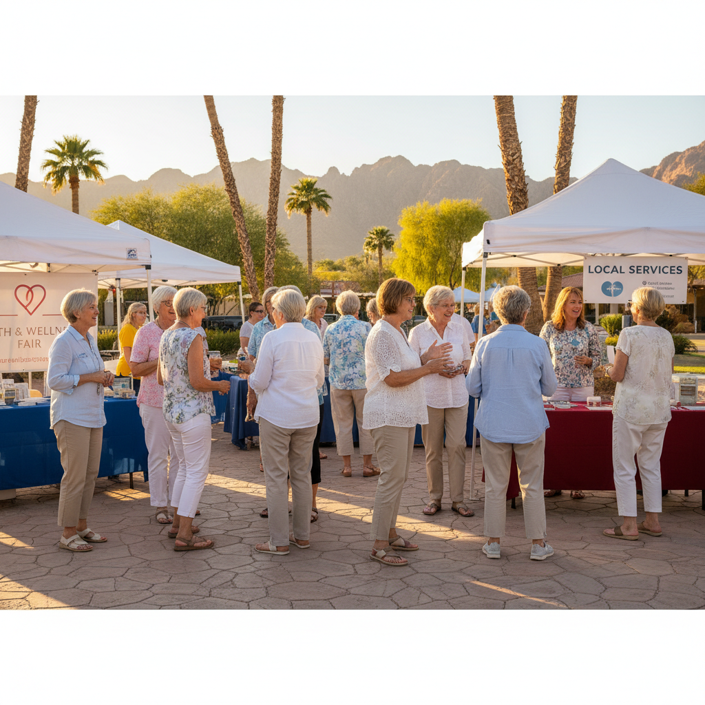 A diverse group of happy, active seniors smiling and interacting at an outdoor community event in a sunny Las Vegas setting, with palm trees and mountains in the background. They are engaging with loc
