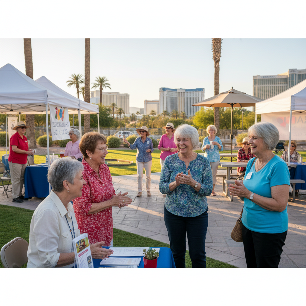 A diverse group of happy, active seniors enjoying a sunny outdoor community event in Las Vegas, perhaps chatting with service providers at booths or participating in a light activity. Focus on warm, p