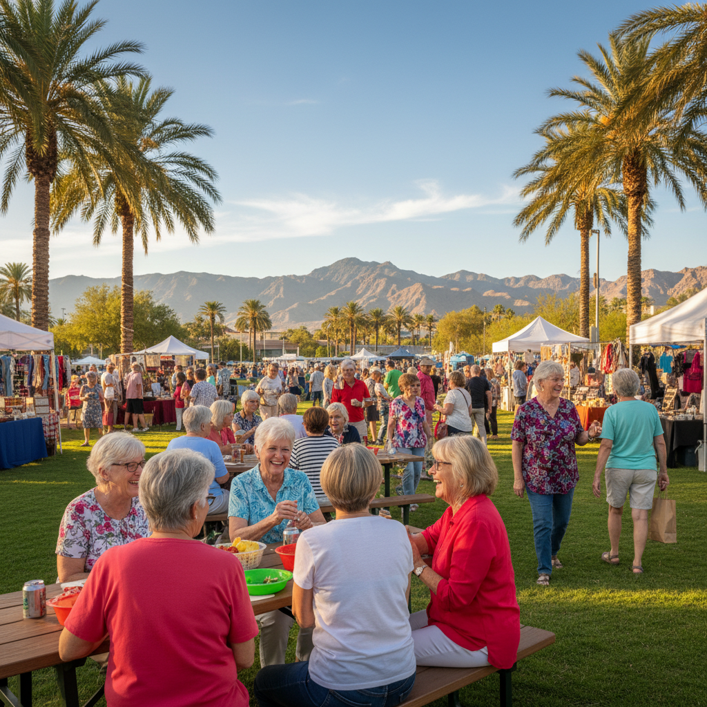 Realistic style, sunny Las Vegas setting, happy diverse group of seniors (50s-70s) enjoying an outdoor community event, perhaps a picnic or market, with palm trees and mountains in the background. The