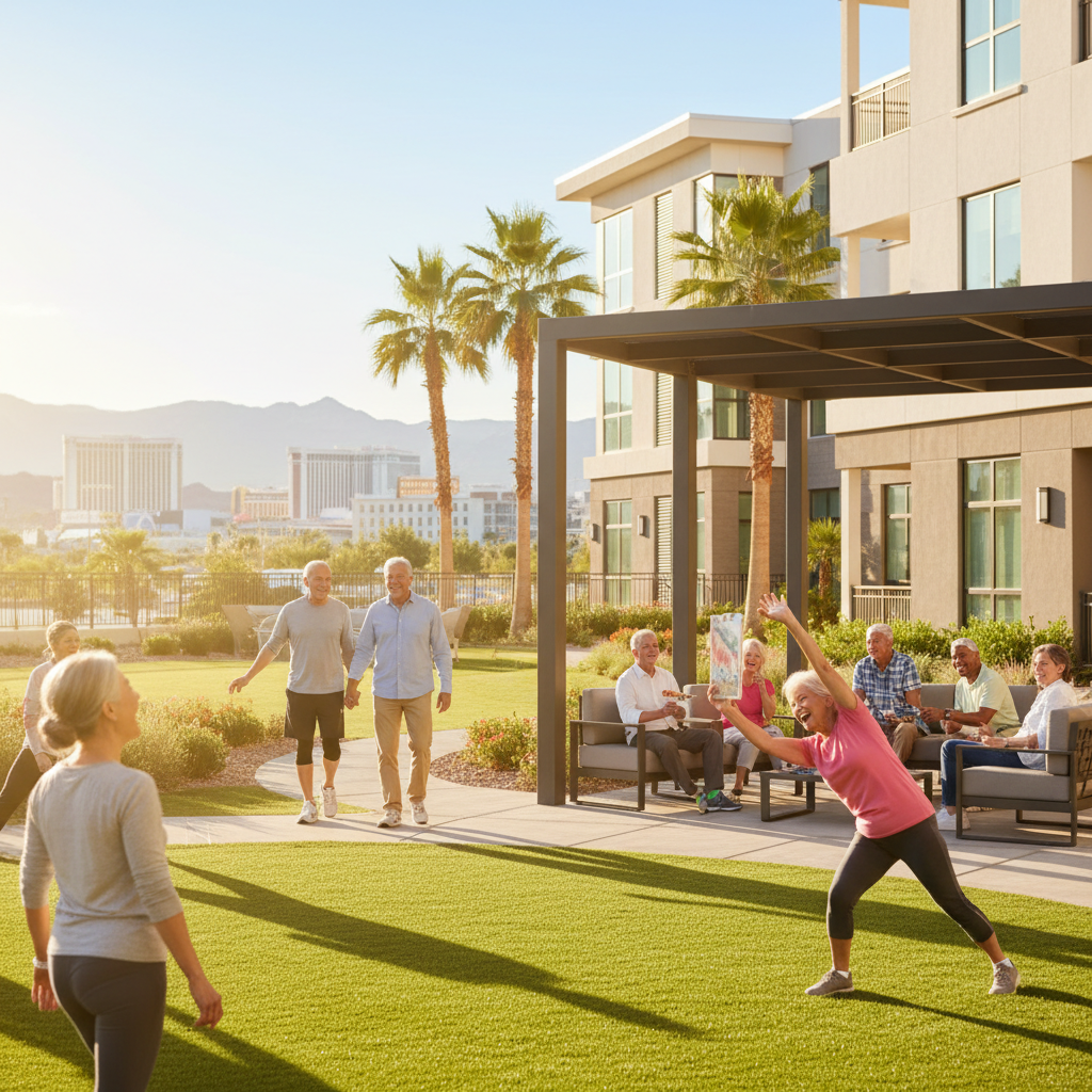 A diverse group of happy, active seniors enjoying a vibrant, modern assisted living community in Las Vegas. They are engaged in various activities like light exercise, social conversation, and creativ