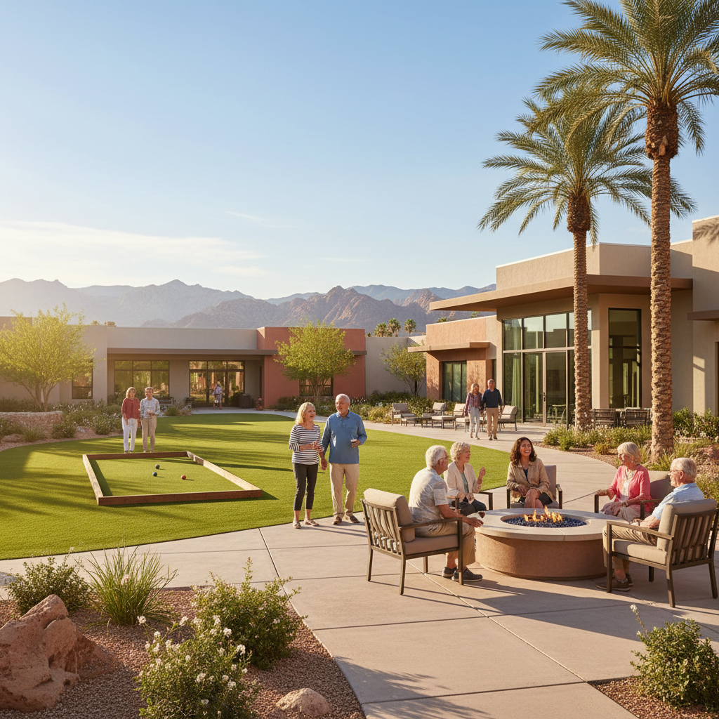A diverse group of happy, active seniors enjoying a sunny day in a modern, welcoming senior living community in Las Vegas, with palm trees and mountains in the background. They are smiling, perhaps ch