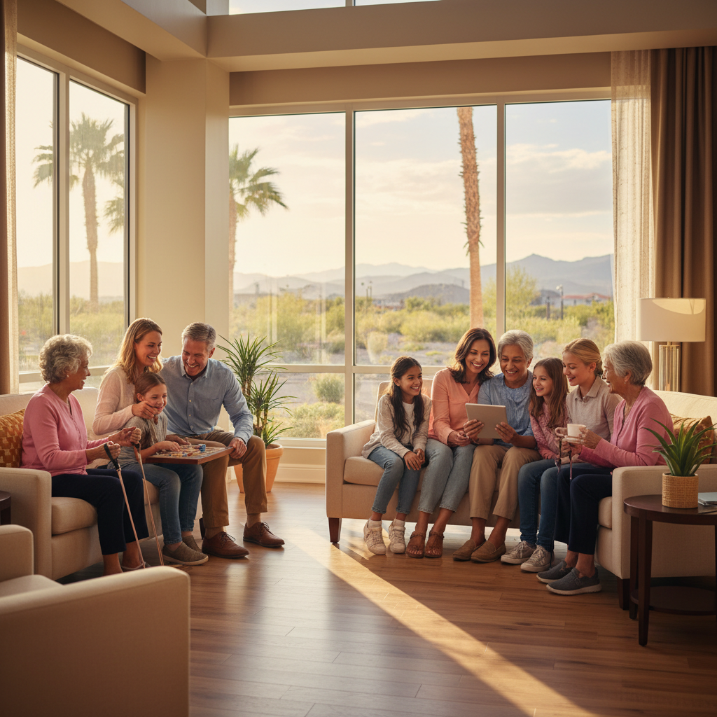 A warm, realistic image of a diverse group of happy seniors and their families interacting positively in a modern, sunlit assisted living common area in Las Vegas. One family is smiling and looking at