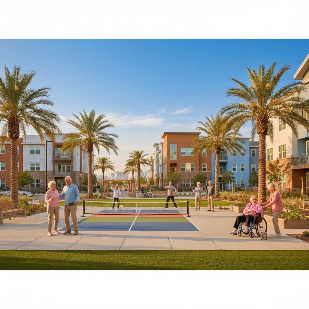 A diverse group of happy, active seniors enjoying a sunny day in a modern, accessible community park in Las Vegas, with new, well-maintained affordable senior housing buildings in the background. The 