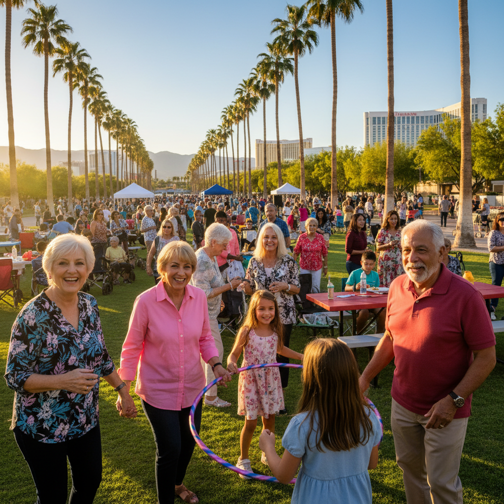 A diverse group of happy, active seniors and their families smiling and interacting at an outdoor community event in Las Vegas. Bright sunshine, palm trees in the background, and a sense of warmth and