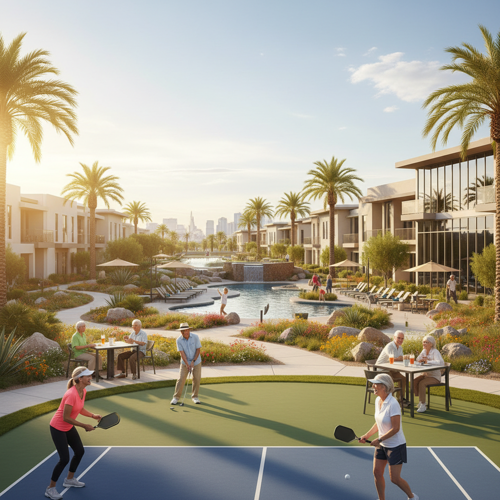 A diverse group of happy, active seniors enjoying a sunny day in a modern, welcoming Las Vegas retirement community, with palm trees and contemporary architecture in the background. Realistic style, p