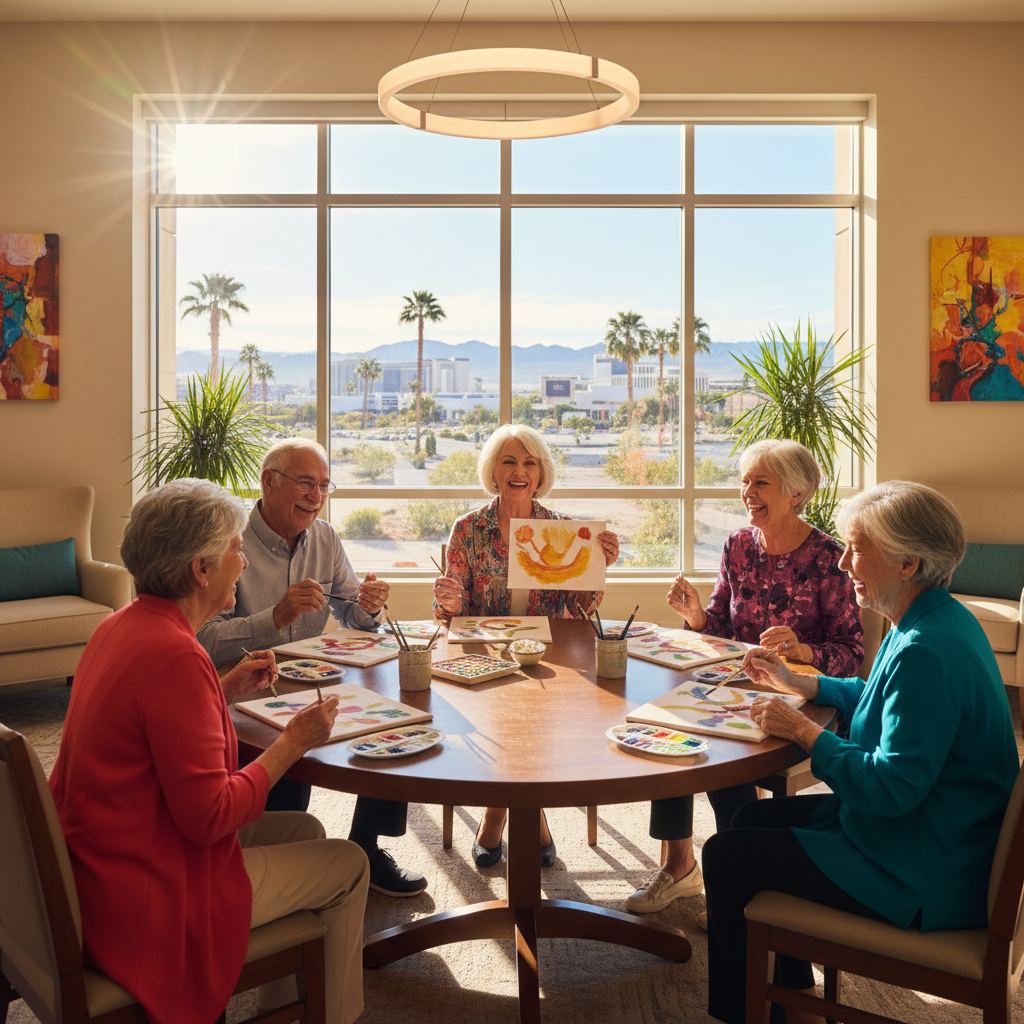 A warm, positive image featuring a diverse group of happy seniors engaged in an enriching activity (e.g., art therapy, music, gentle exercise) within a modern, bright memory care setting. Sunlight str