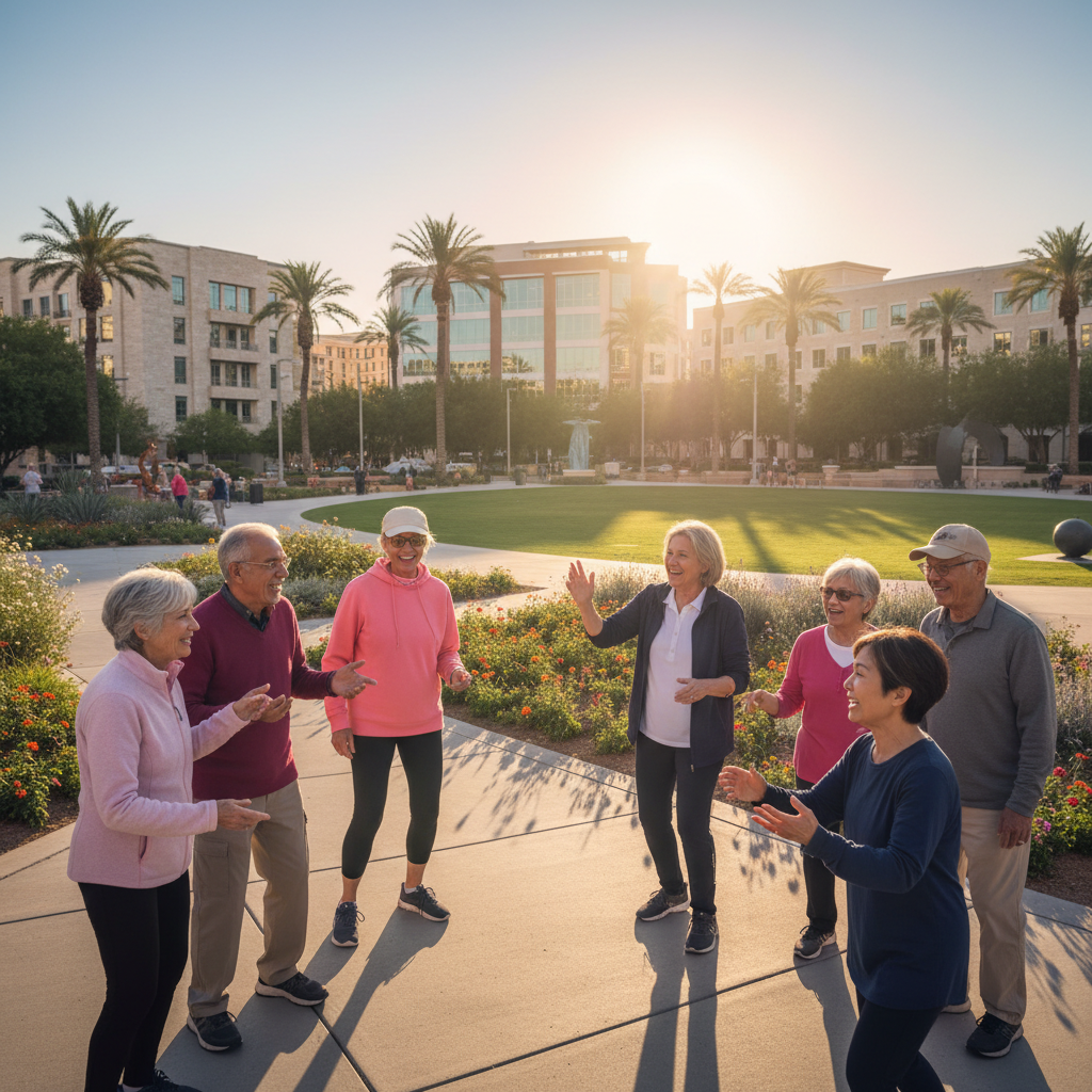 A diverse group of happy, active seniors smiling and engaging in conversation at an outdoor community event under the warm Las Vegas sun, with modern, well-maintained buildings in the background. Real