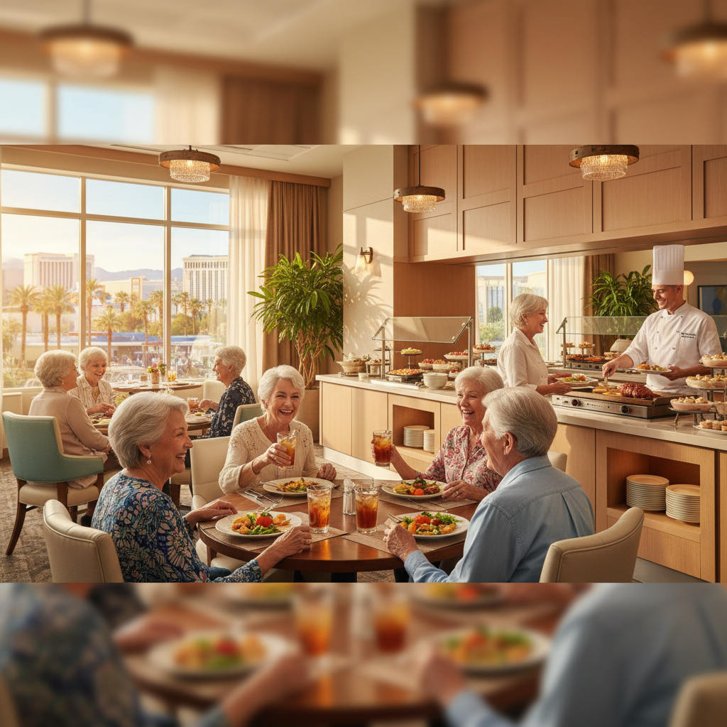 A bright, inviting senior living dining room in Las Vegas, with happy, diverse seniors enjoying a meal together. There are multiple food stations visible, perhaps a chef preparing food. The setting is