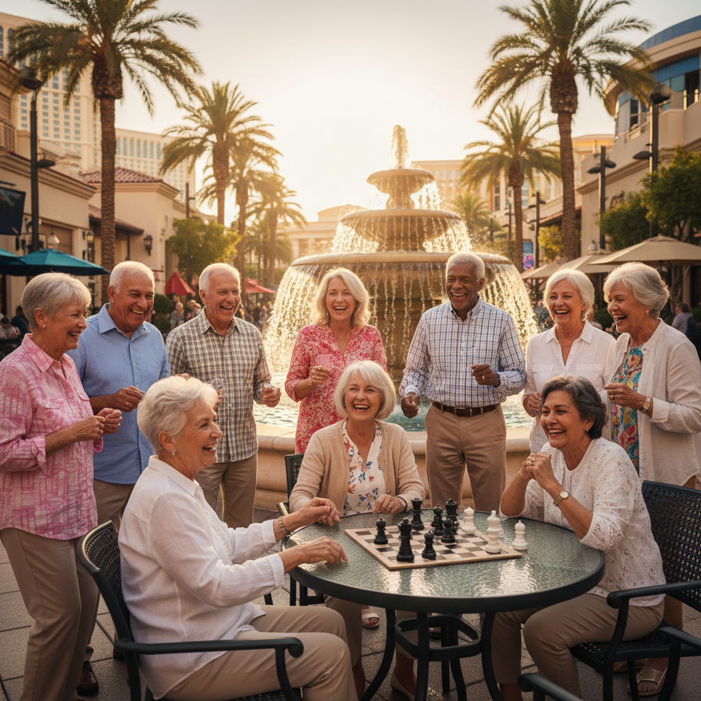 A diverse group of happy, active seniors enjoying a sunny outdoor community event in Las Vegas, perhaps near a fountain or palm trees. They are smiling, interacting, and engaged in a positive way. Rea