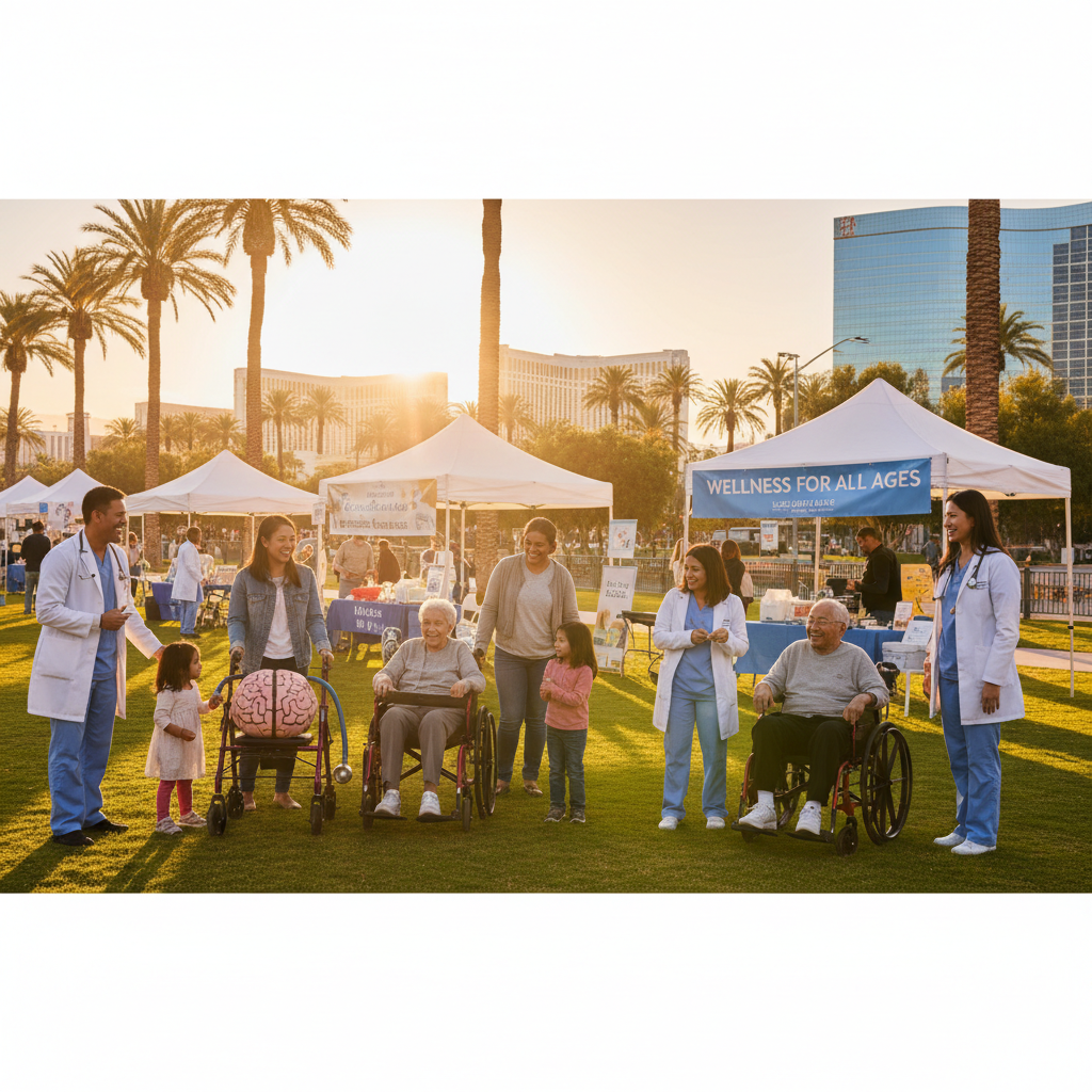 A diverse group of happy, active seniors and their families engaging with friendly healthcare professionals at a sunny outdoor community event in Las Vegas, with palm trees and modern buildings in the