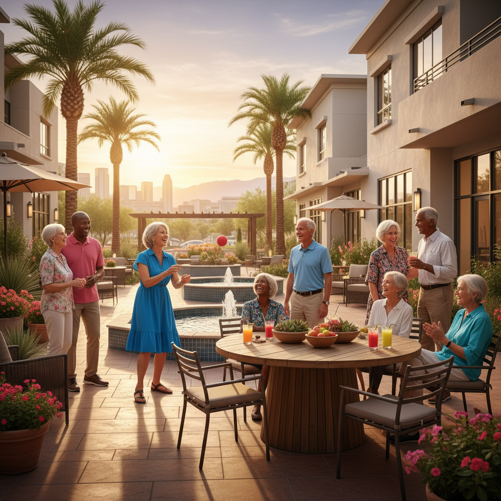 A diverse group of happy, active seniors enjoying a sunny outdoor gathering in a modern, welcoming Las Vegas senior living community courtyard, with palm trees and a vibrant atmosphere in the backgrou