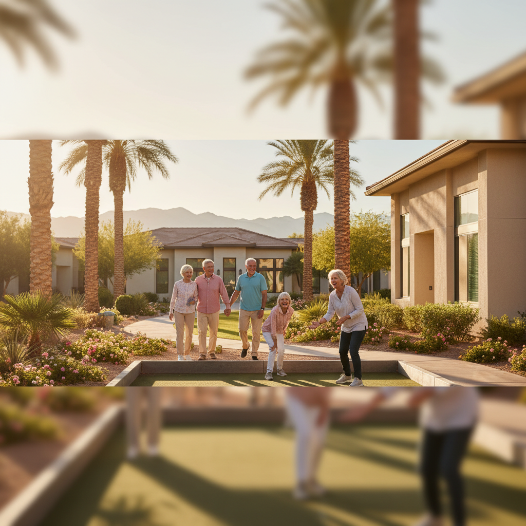 A diverse group of happy, active seniors enjoying a sunny day in a beautiful, modern Las Vegas retirement community. They are laughing and interacting, perhaps playing bocce ball or walking a paved pa