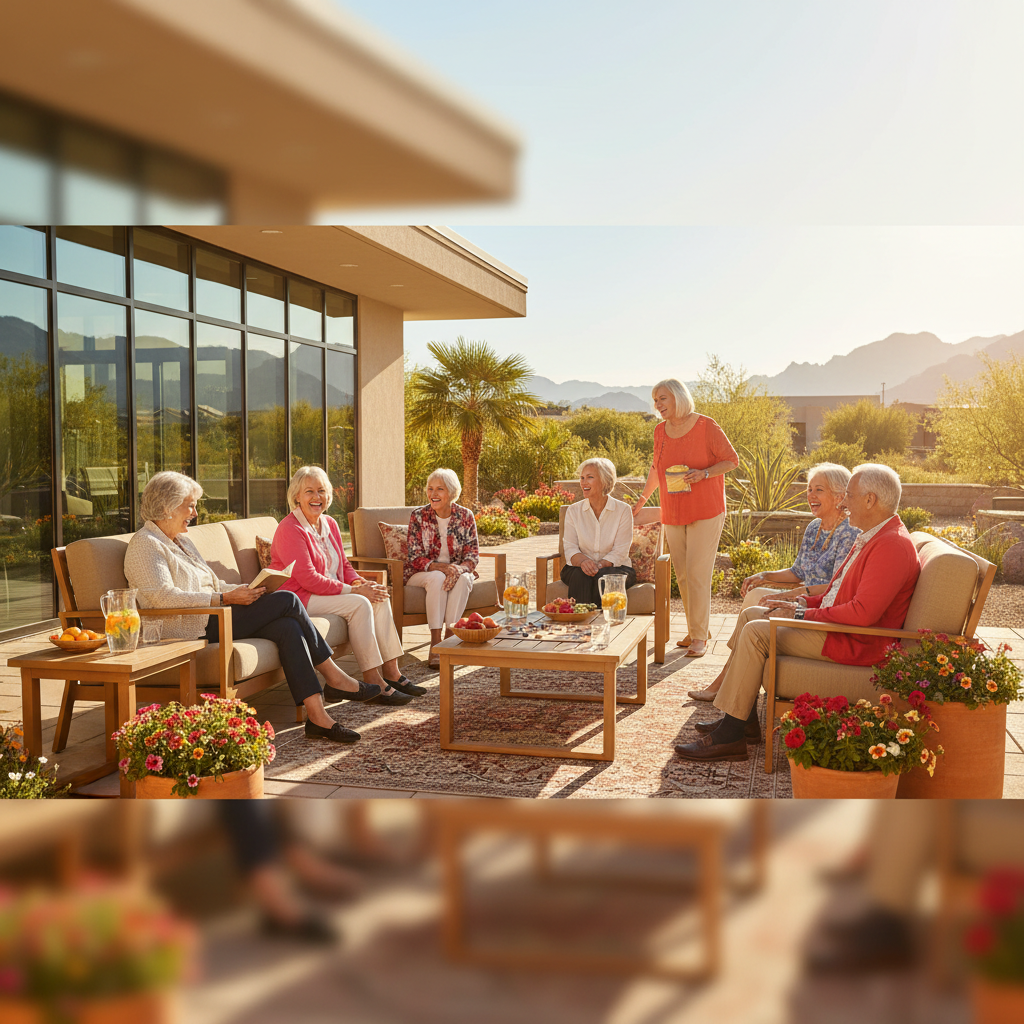 A group of happy, diverse seniors enjoying a sunny day on a beautifully landscaped patio of a modern luxury senior living community in Henderson, Nevada. They are smiling, some are chatting, others ar
