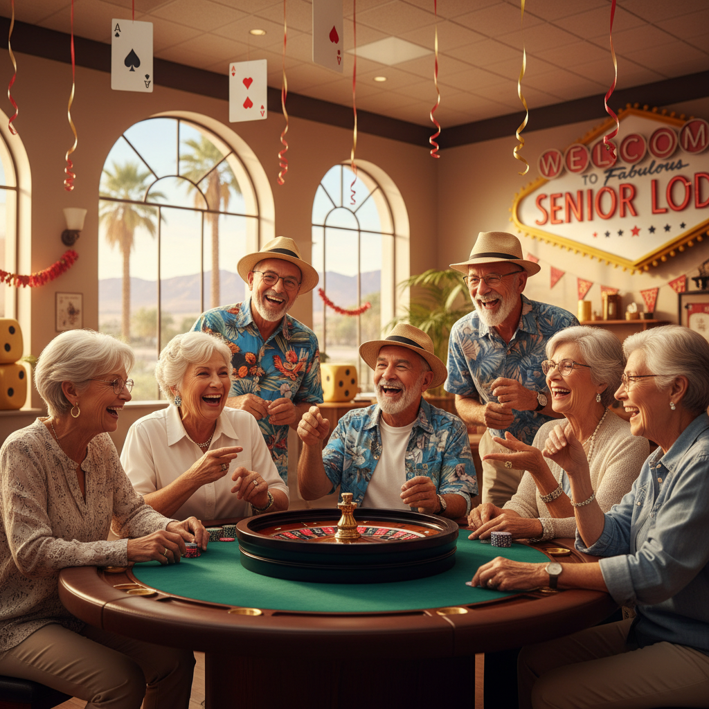 A group of happy, diverse seniors (50s-80s) joyfully playing a mock casino game like blackjack or roulette in a brightly lit, festive common room of a senior living community. They are smiling and int