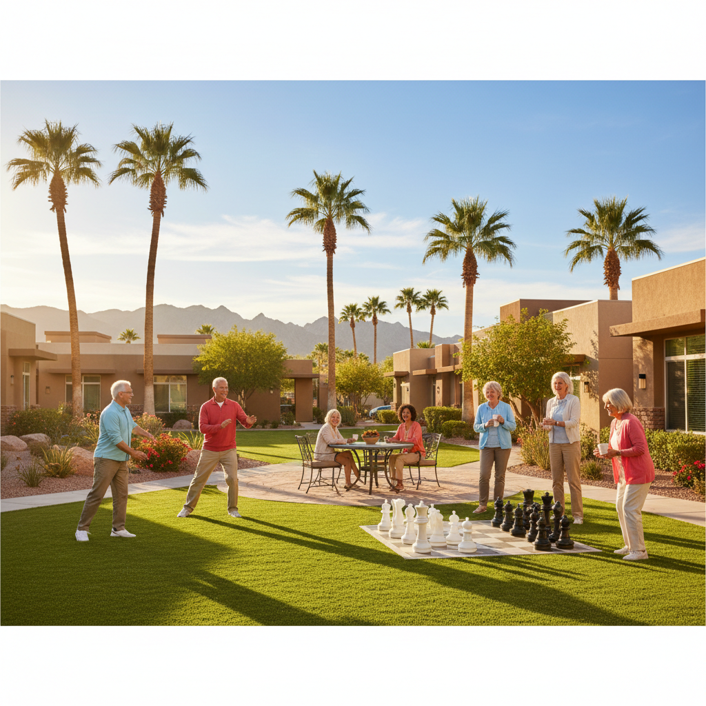 A diverse group of happy, active seniors enjoying a sunny day at a modern, well-maintained affordable senior living community in Las Vegas, with palm trees and mountains in the background. They are en