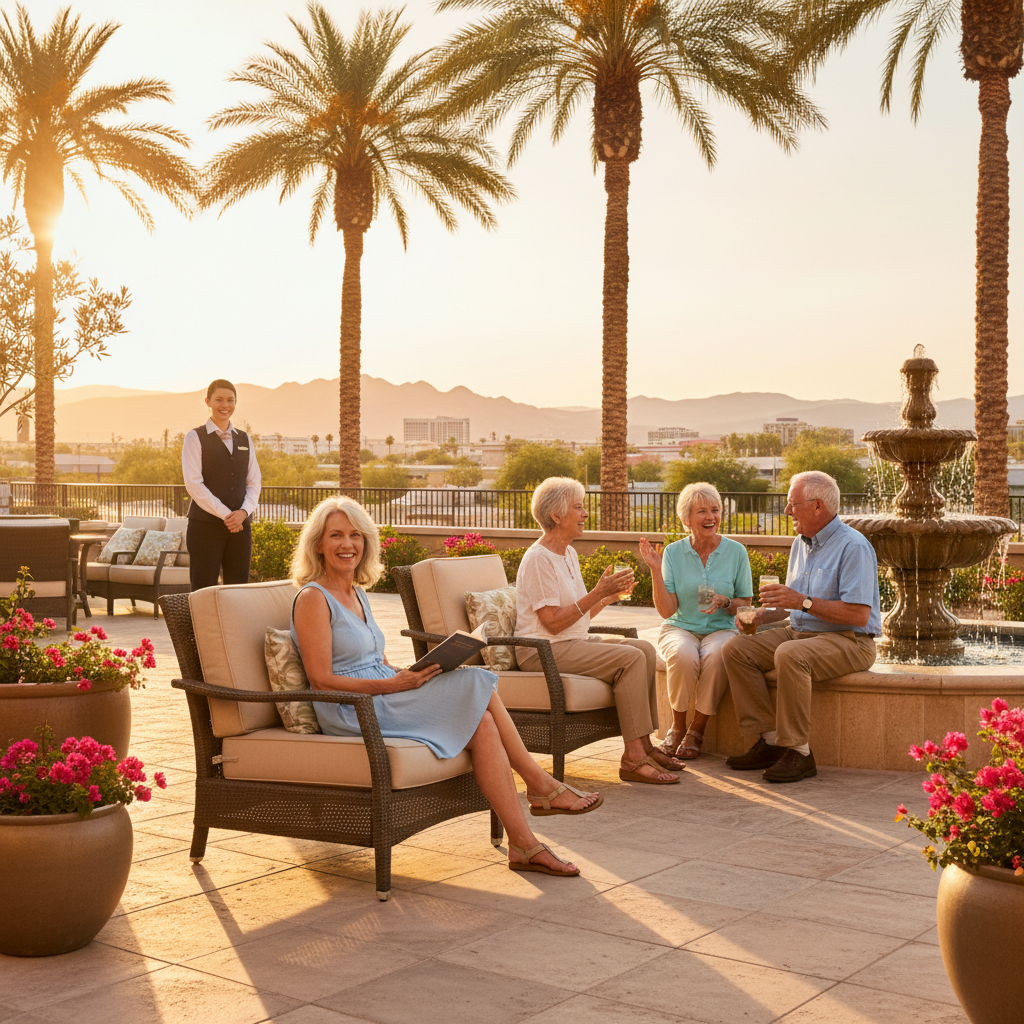 A vibrant, realistic image of happy, active seniors enjoying a luxurious outdoor setting at an assisted living facility in Las Vegas, with palm trees and sunshine in the background. One senior is read