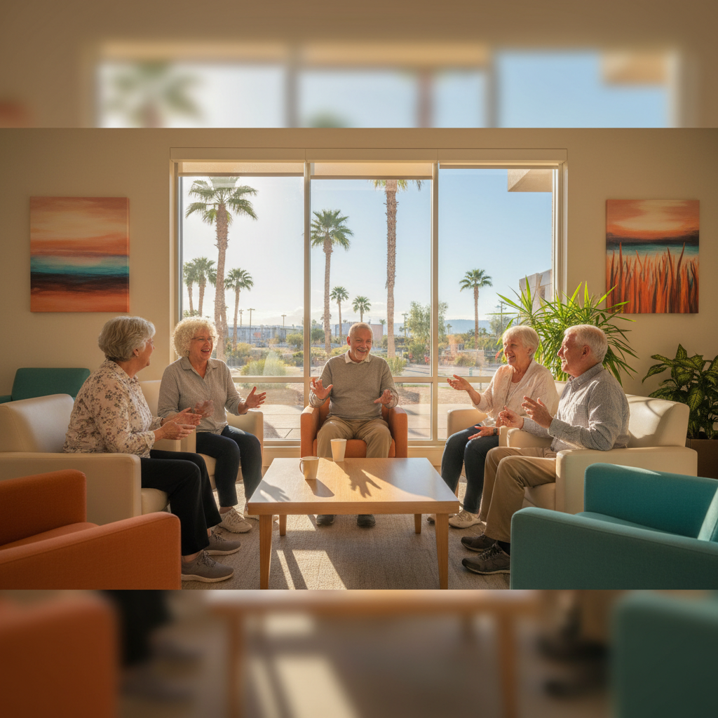 A diverse group of happy, active seniors smiling and chatting in a bright, modern community center in Las Vegas, with palm trees and sunshine visible outside a large window. Realistic style, warm and 