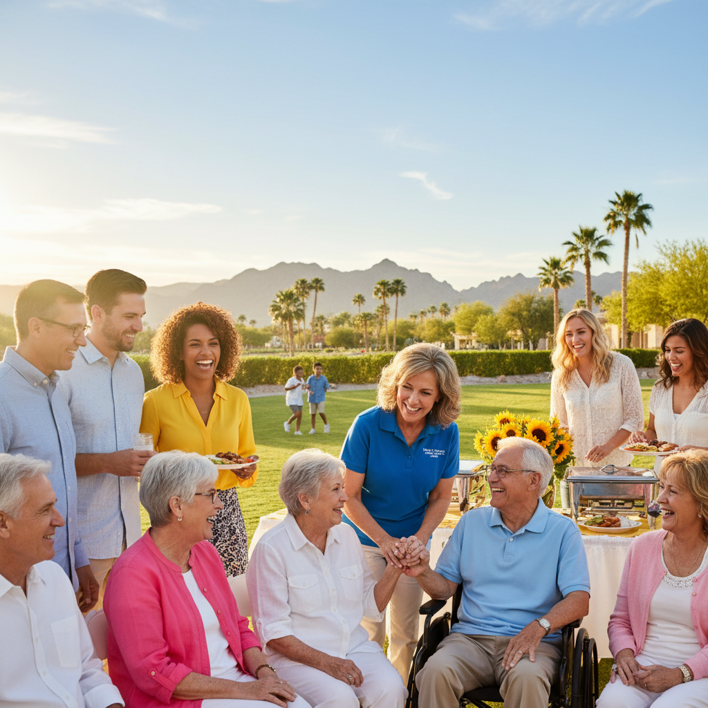 A warm, positive image of a diverse group of happy seniors and their families interacting positively with a friendly, professional senior care provider at an outdoor community event in a sunny Las Veg