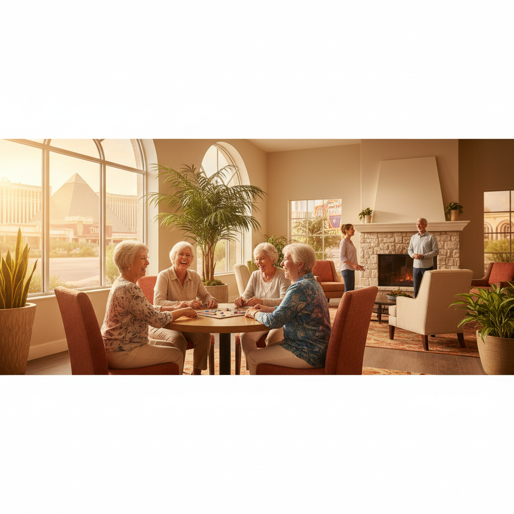A diverse group of happy, active seniors smiling and engaging in a bright, modern senior living facility common area, with natural light streaming in. The setting is warm and inviting, with subtle hin