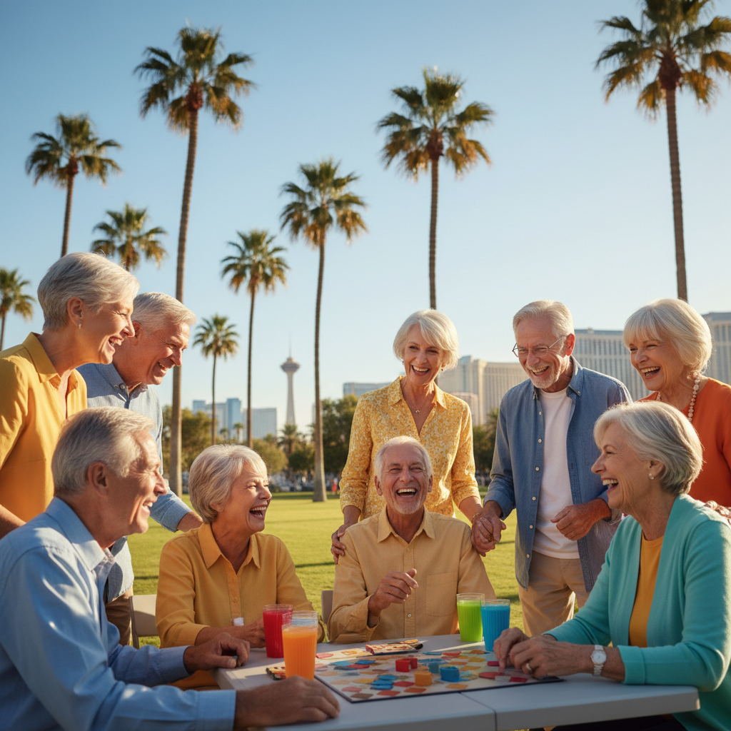 A warm and positive image of a diverse group of happy seniors interacting and smiling in a sunny Las Vegas setting, perhaps at an outdoor community event or park, with palm trees and a clear blue sky 