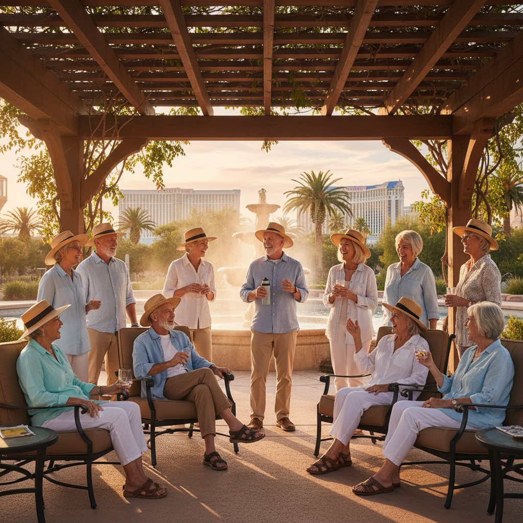 A diverse group of happy, active seniors enjoying a shaded outdoor area in Las Vegas, perhaps near a fountain or under a pergola. They are dressed in light, breathable clothing, some are sipping water