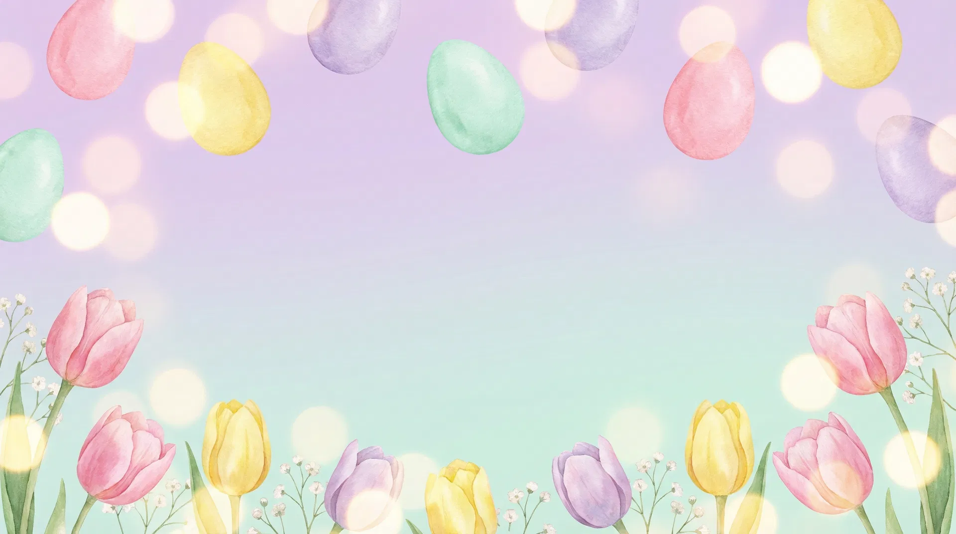 Easter spring background with pastel eggs and tulips