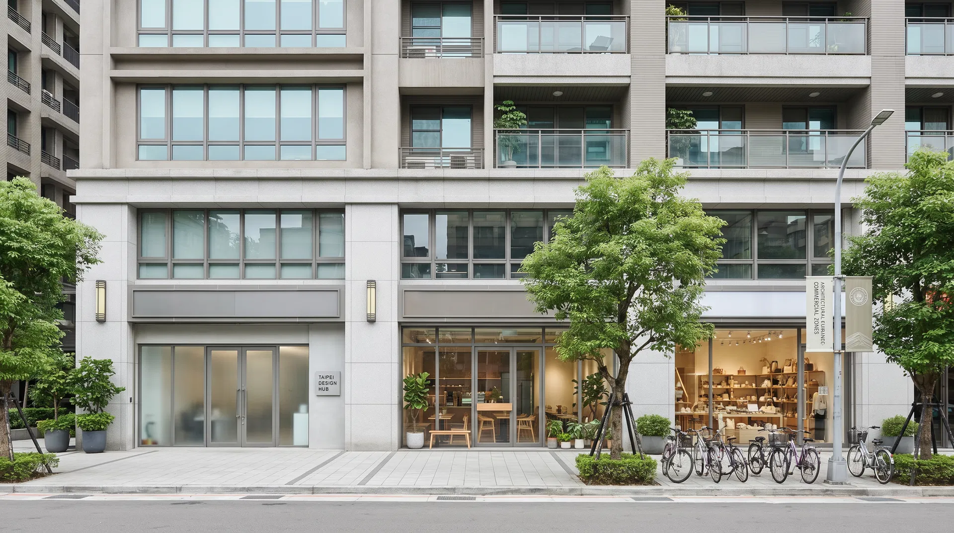 台北都會商業街區，展示不同商業用途的建築立面