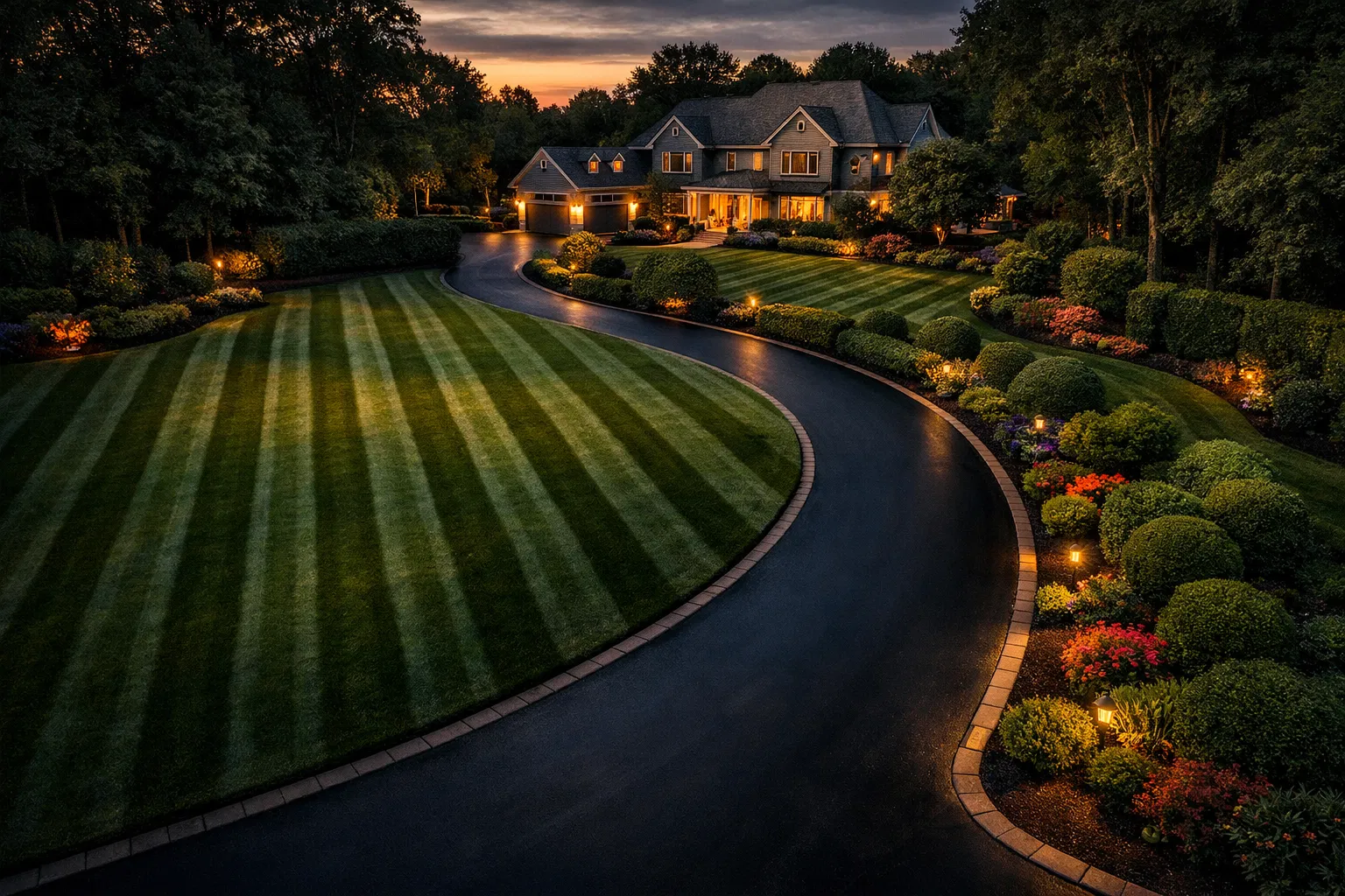 Professional landscaping and sealed driveway