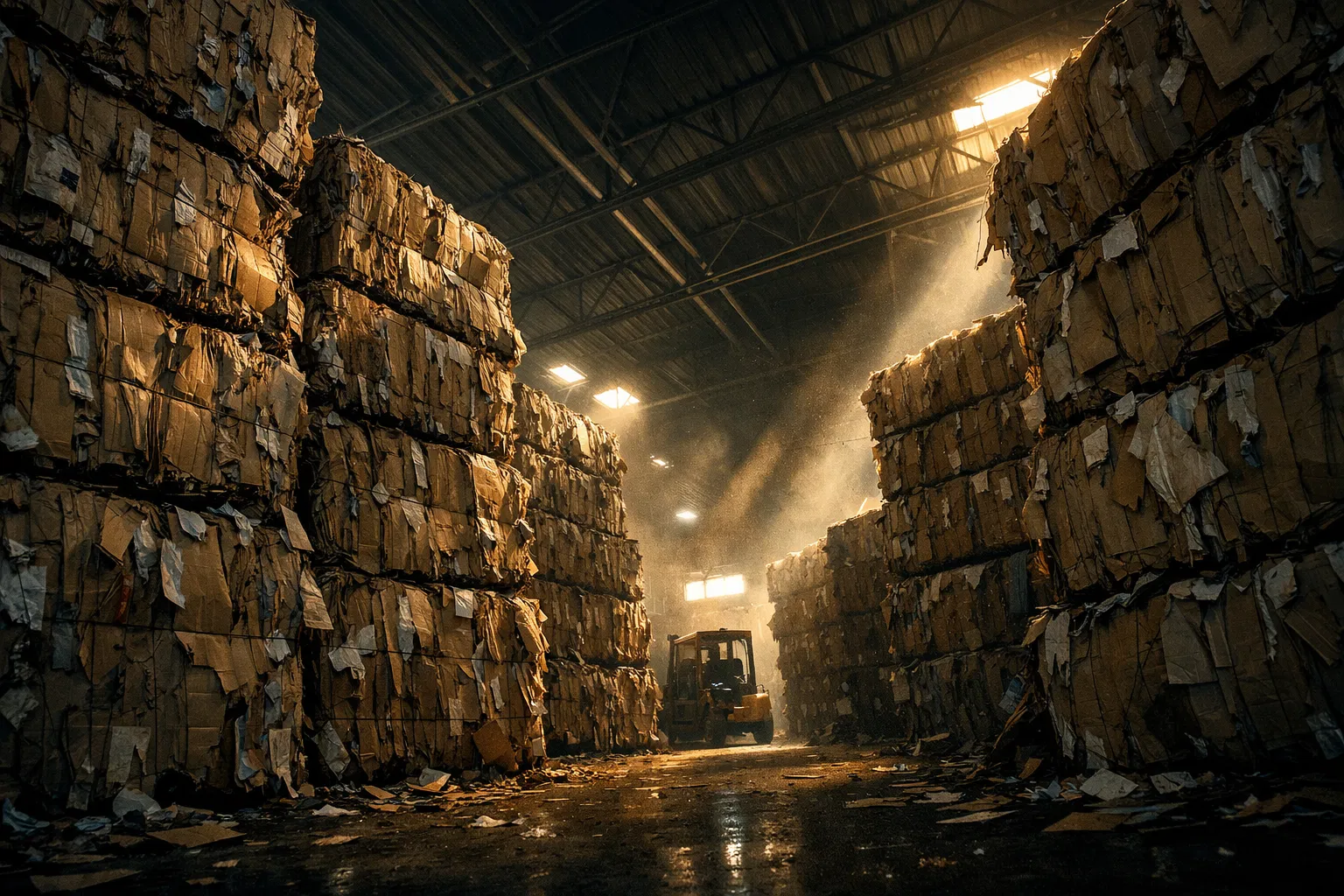 Recovered paper bales in industrial warehouse