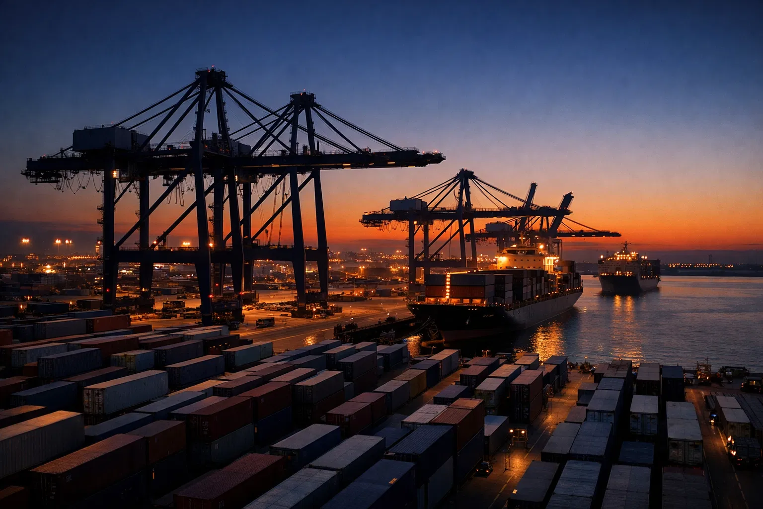 Shipping port at dusk