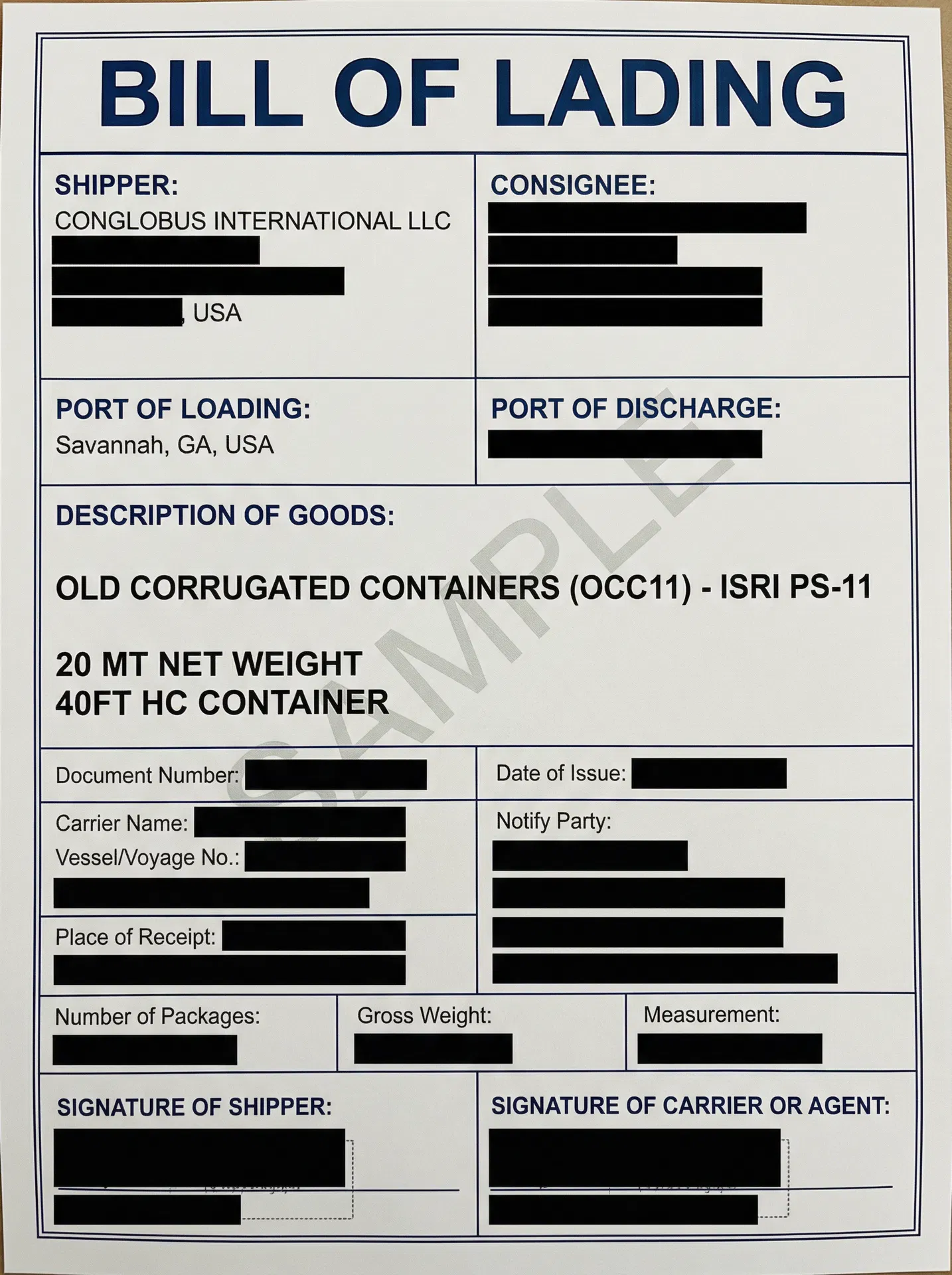 Sample Bill of Lading