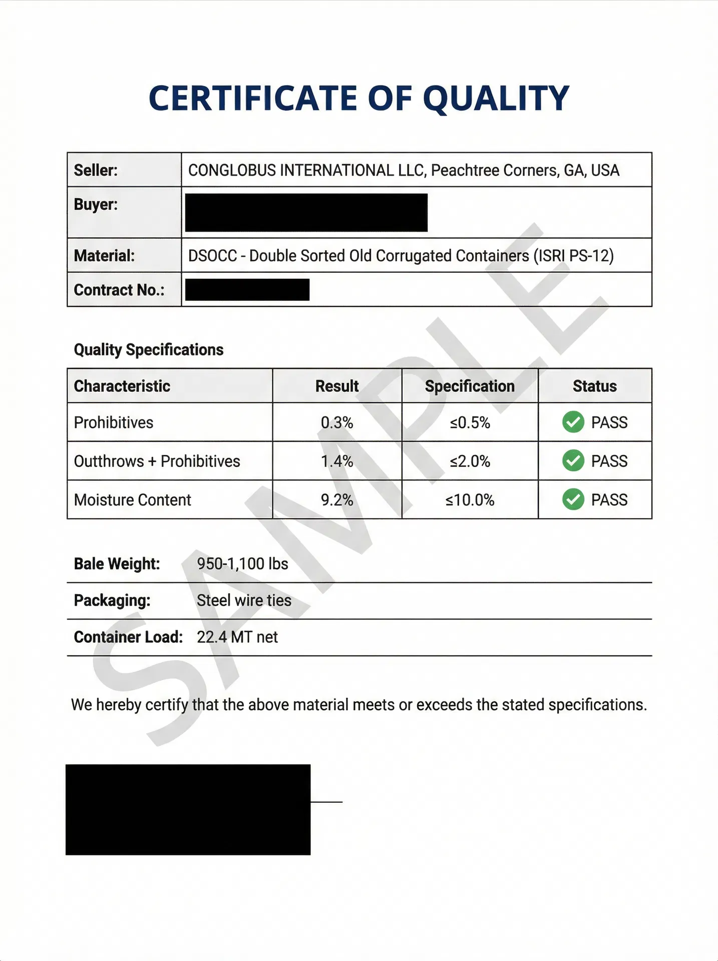 Sample Certificate of Quality