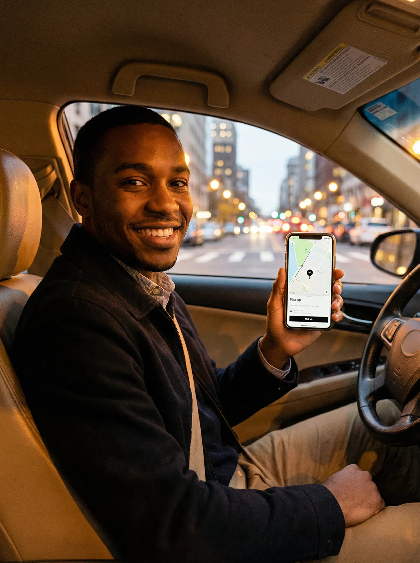 Gig driver in car with phone