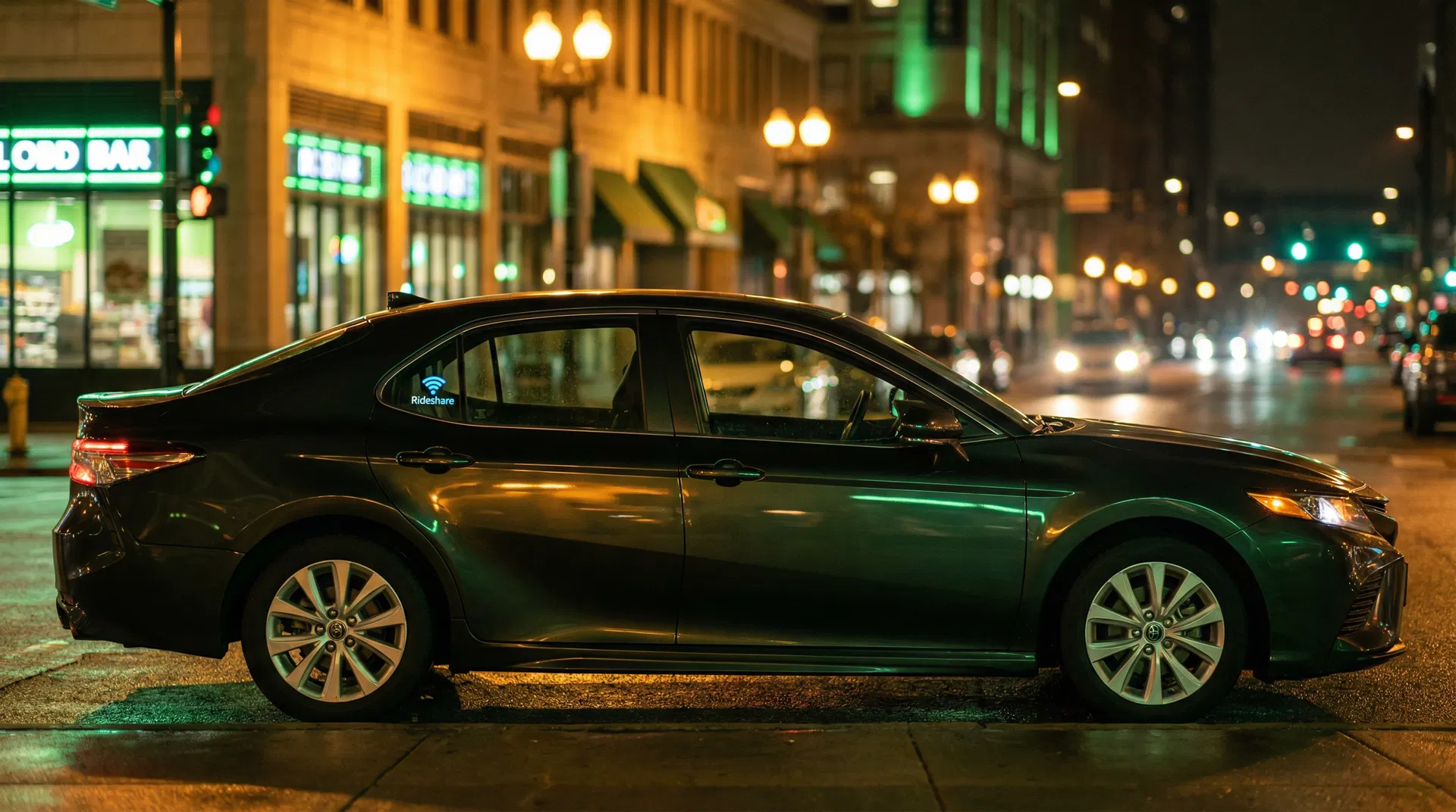 Gig economy vehicle on city street at night