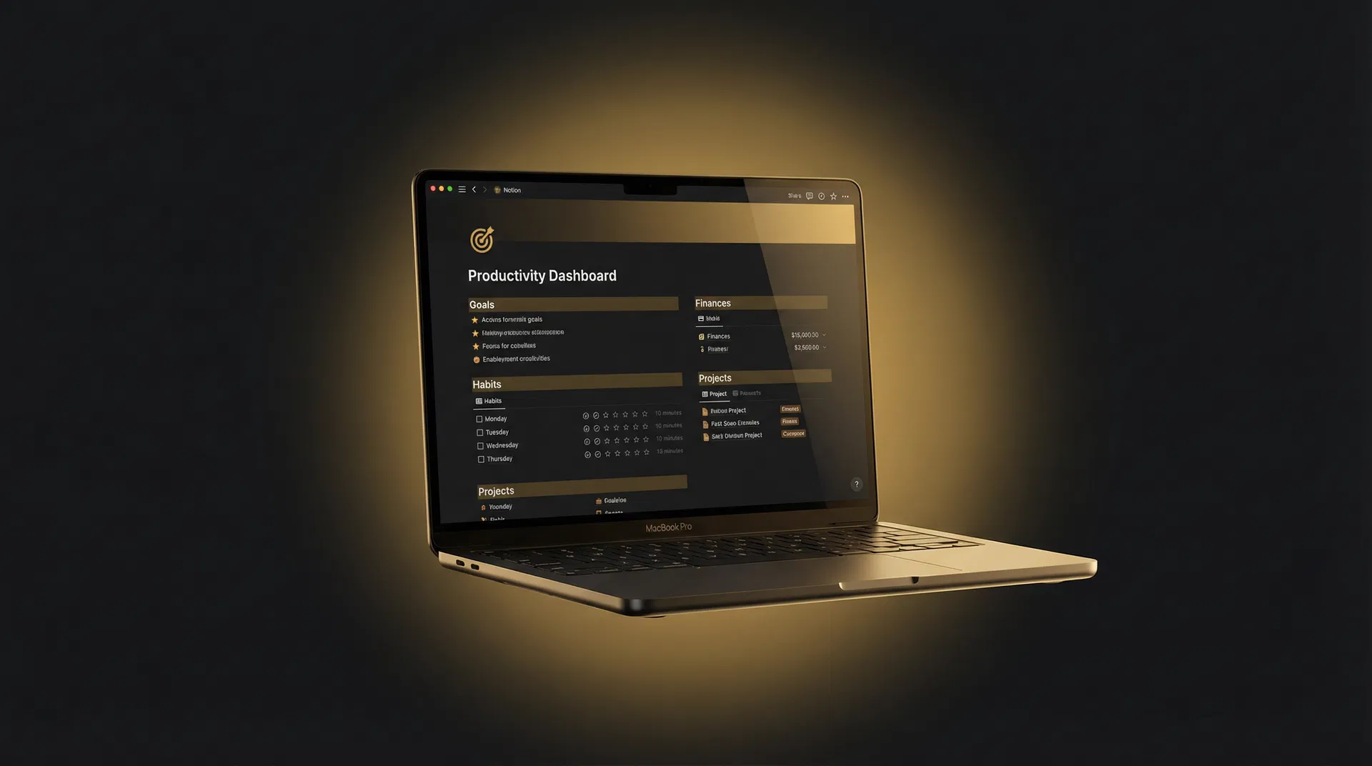 Life Command Center Notion dashboard showing goals, habits, and finance tracking in a unified dark-themed interface