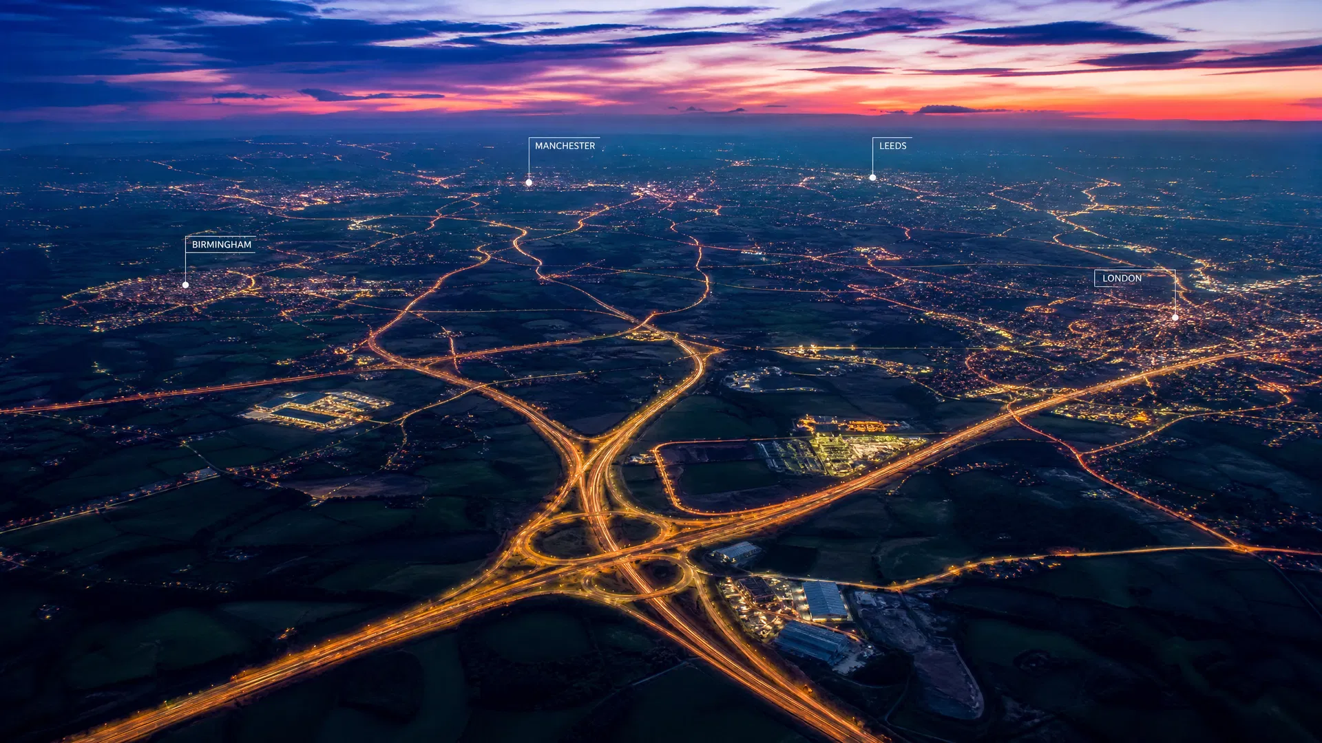 UK motorway network at dusk