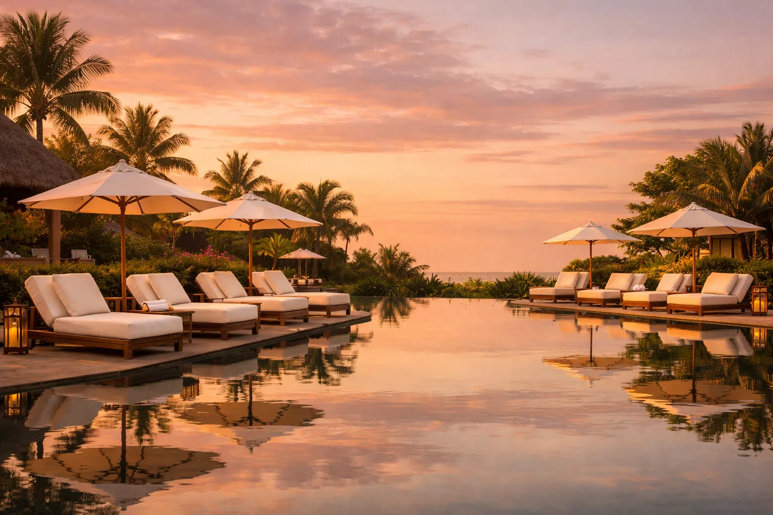 Luxury resort pool at sunset