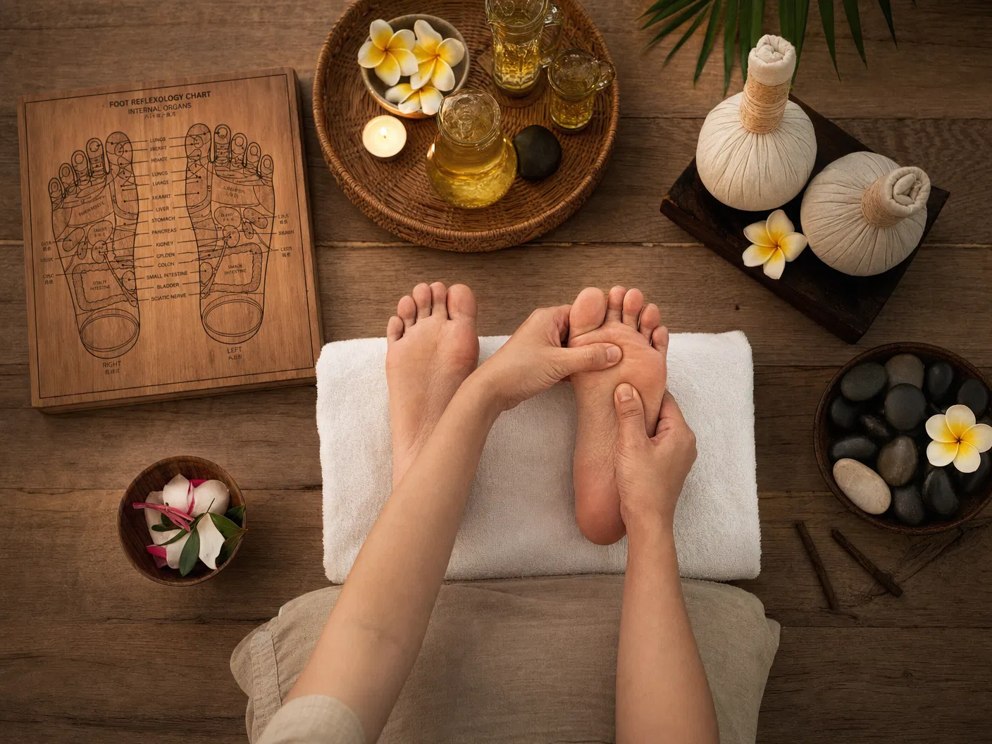 Foot reflexology chart and treatment at The Moment Massage Boutique Athens — overhead view of Asian foot massage with herbal compresses and essential oils