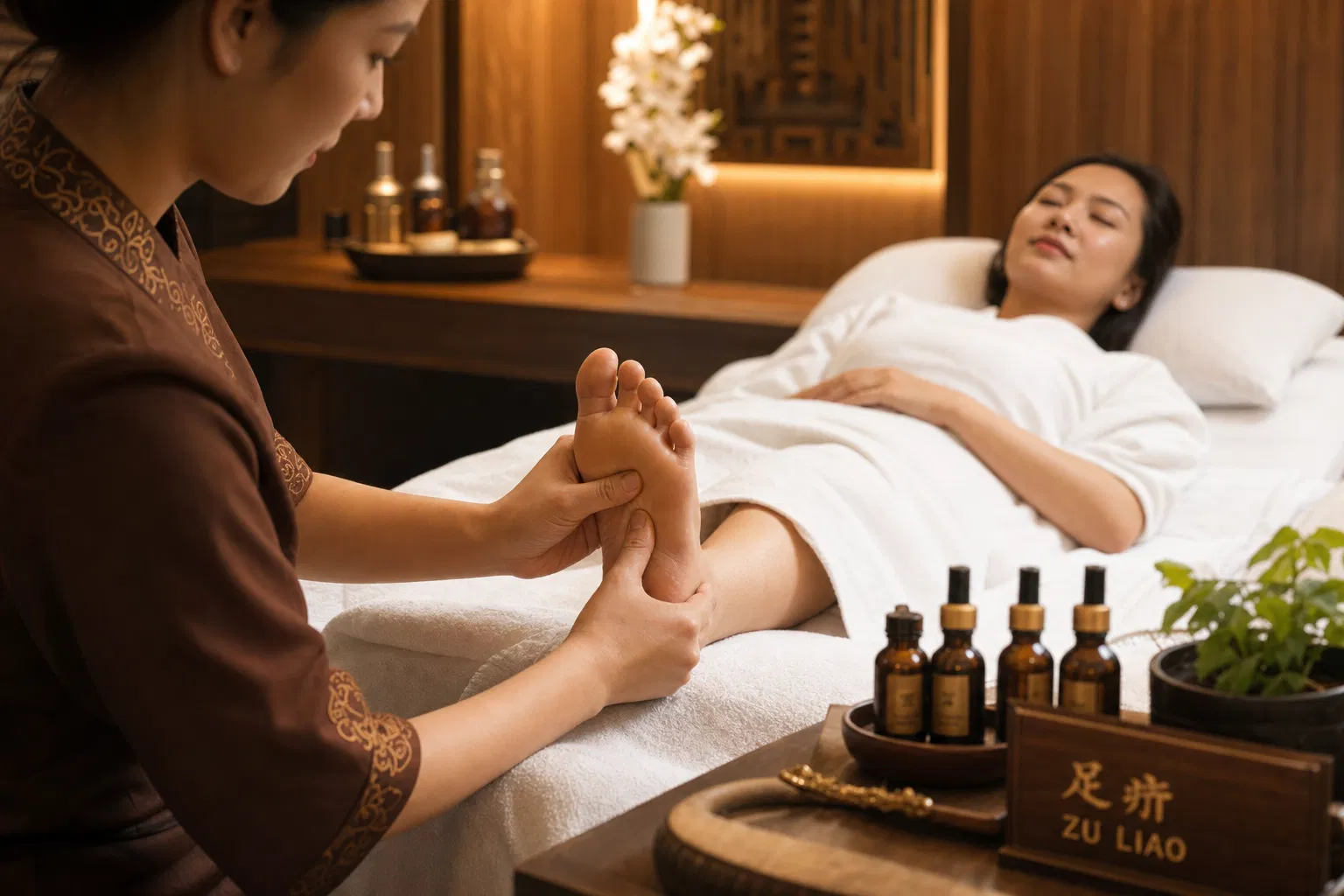 Foot massage reflexology treatment at The Moment Massage Boutique Athens — therapist performing traditional Asian foot massage technique on client