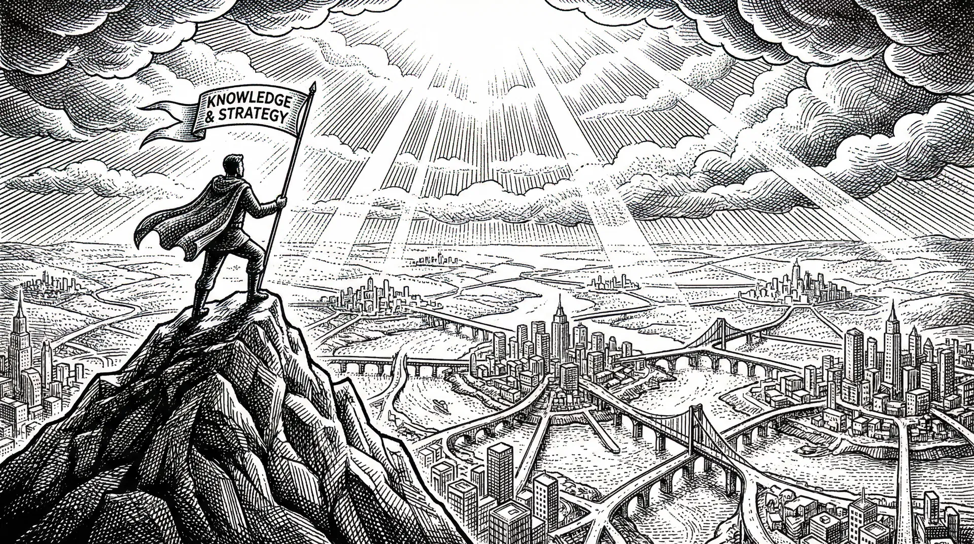 Editorial illustration of a figure standing on a cliff overlooking a cityscape, holding a Knowledge and Strategy flag