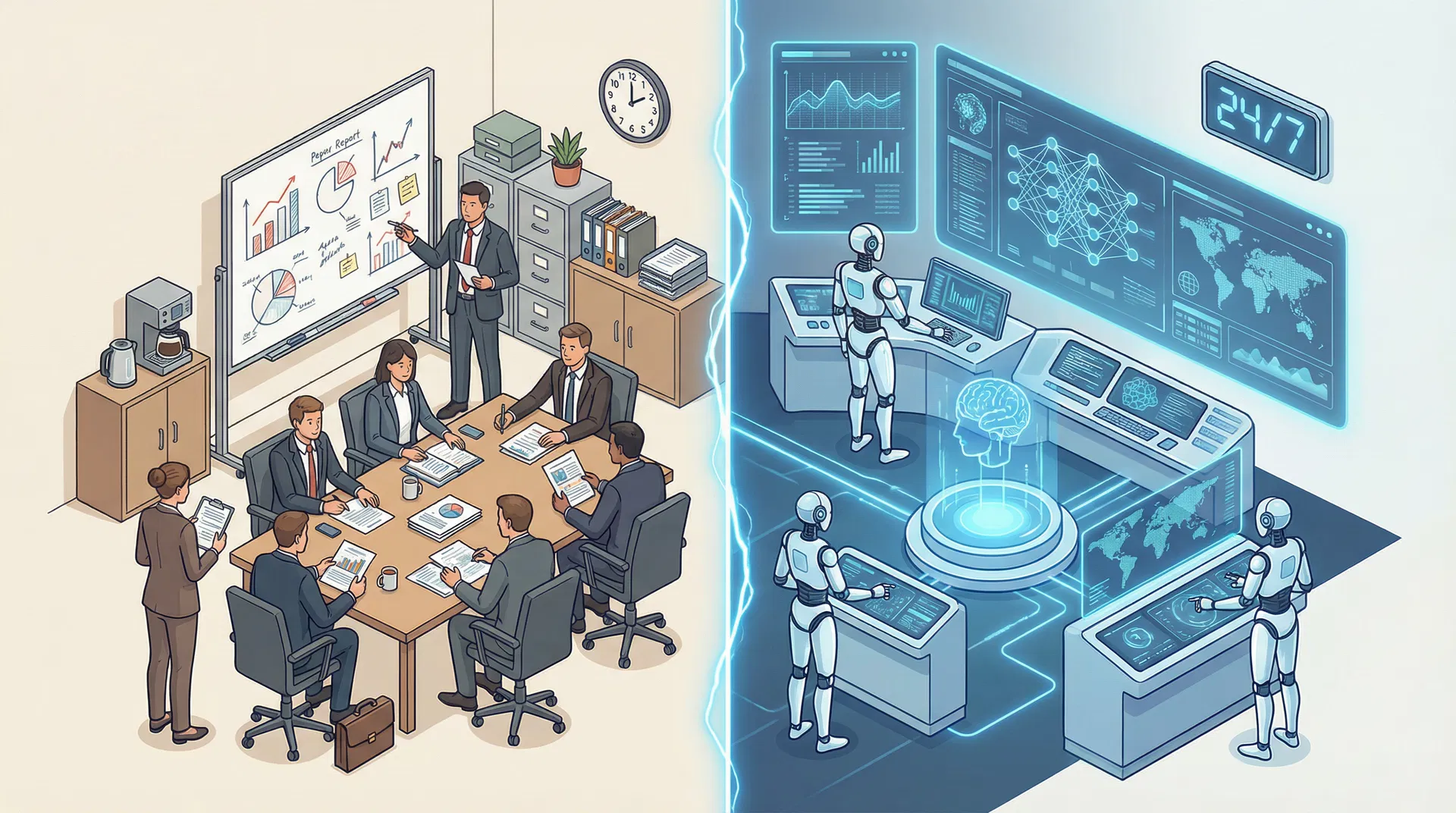 AI Marketing vs Traditional Agencies - split screen showing traditional office meeting versus futuristic AI command center