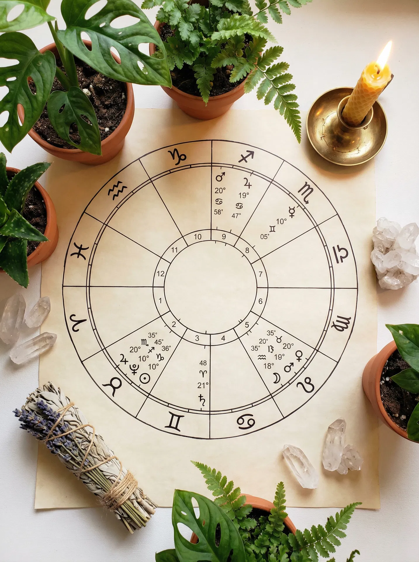 A natal birth chart surrounded by plants, crystals, and candles