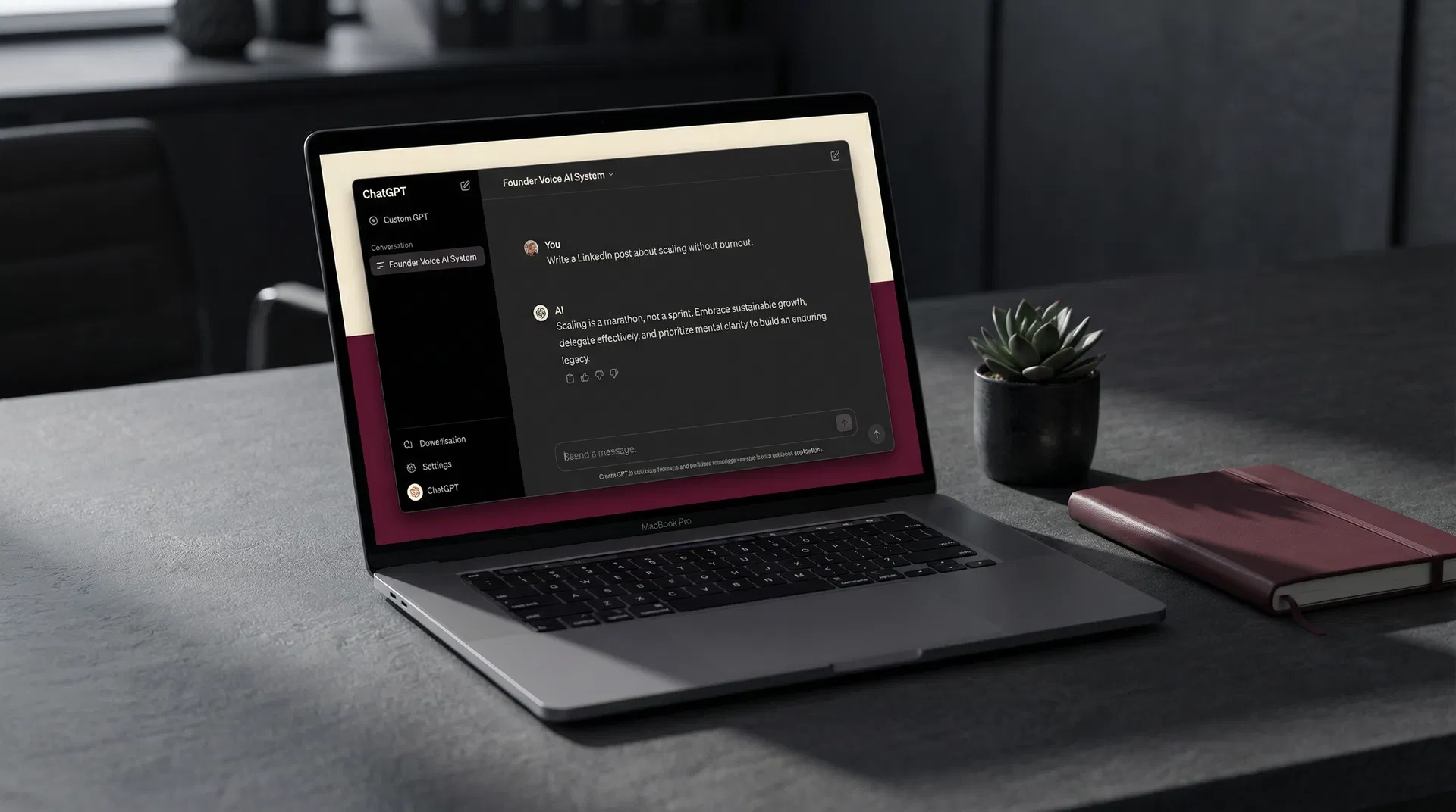 Founder Voice AI System — Custom GPT interface showing the trained AI writing in your voice