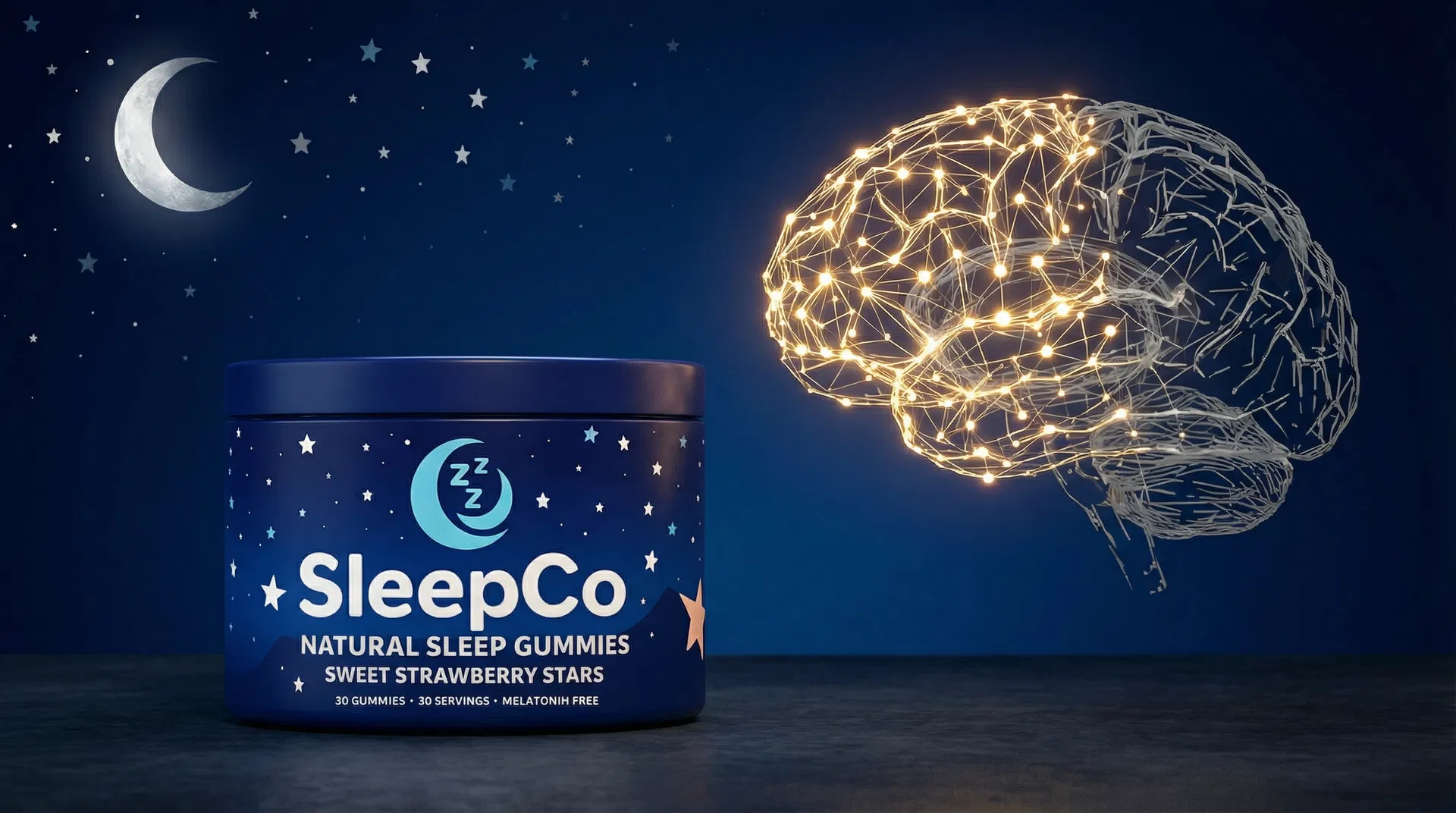 SleepCo Natural Sleep Gummies with glowing brain