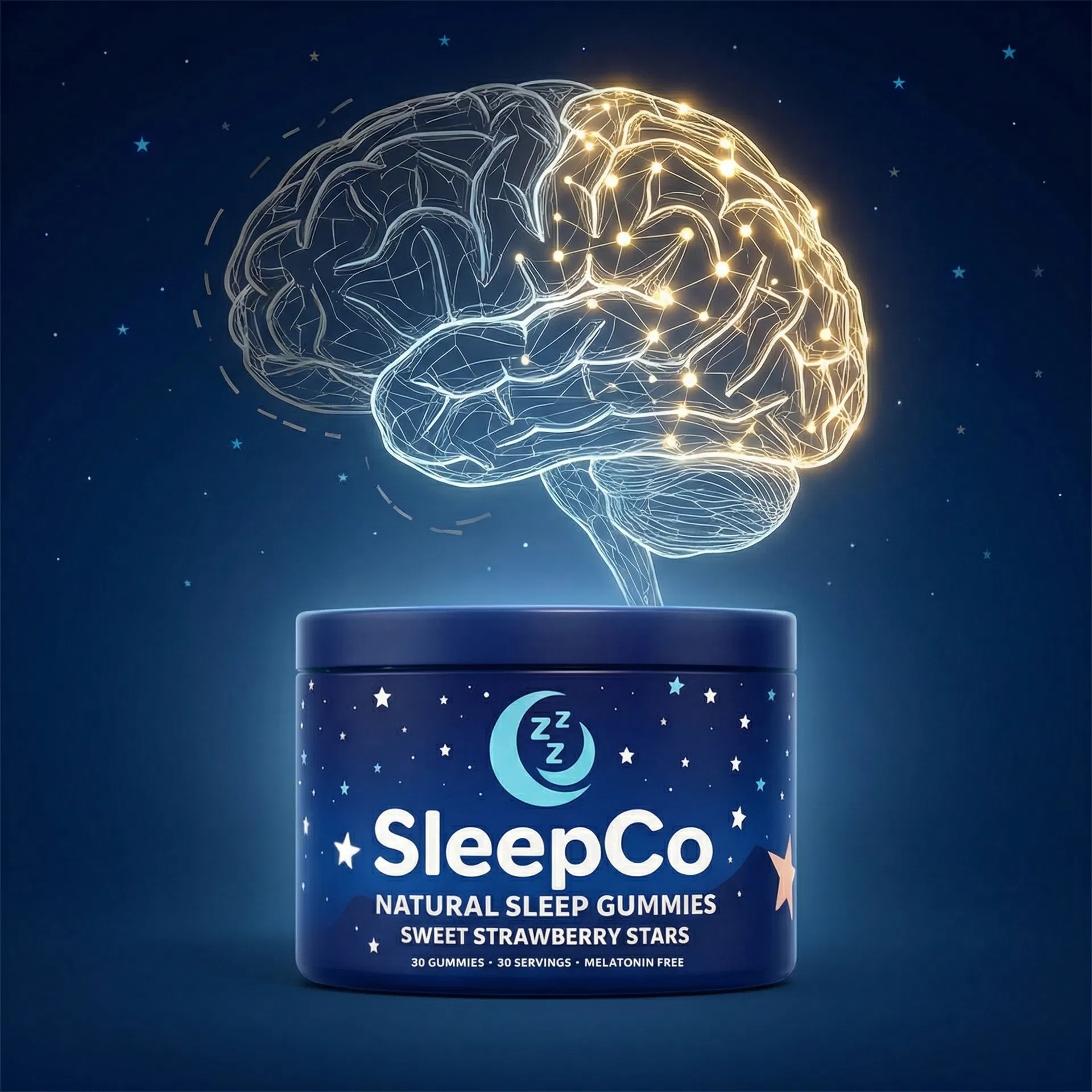 SleepCo Natural Sleep Gummies with glowing brain