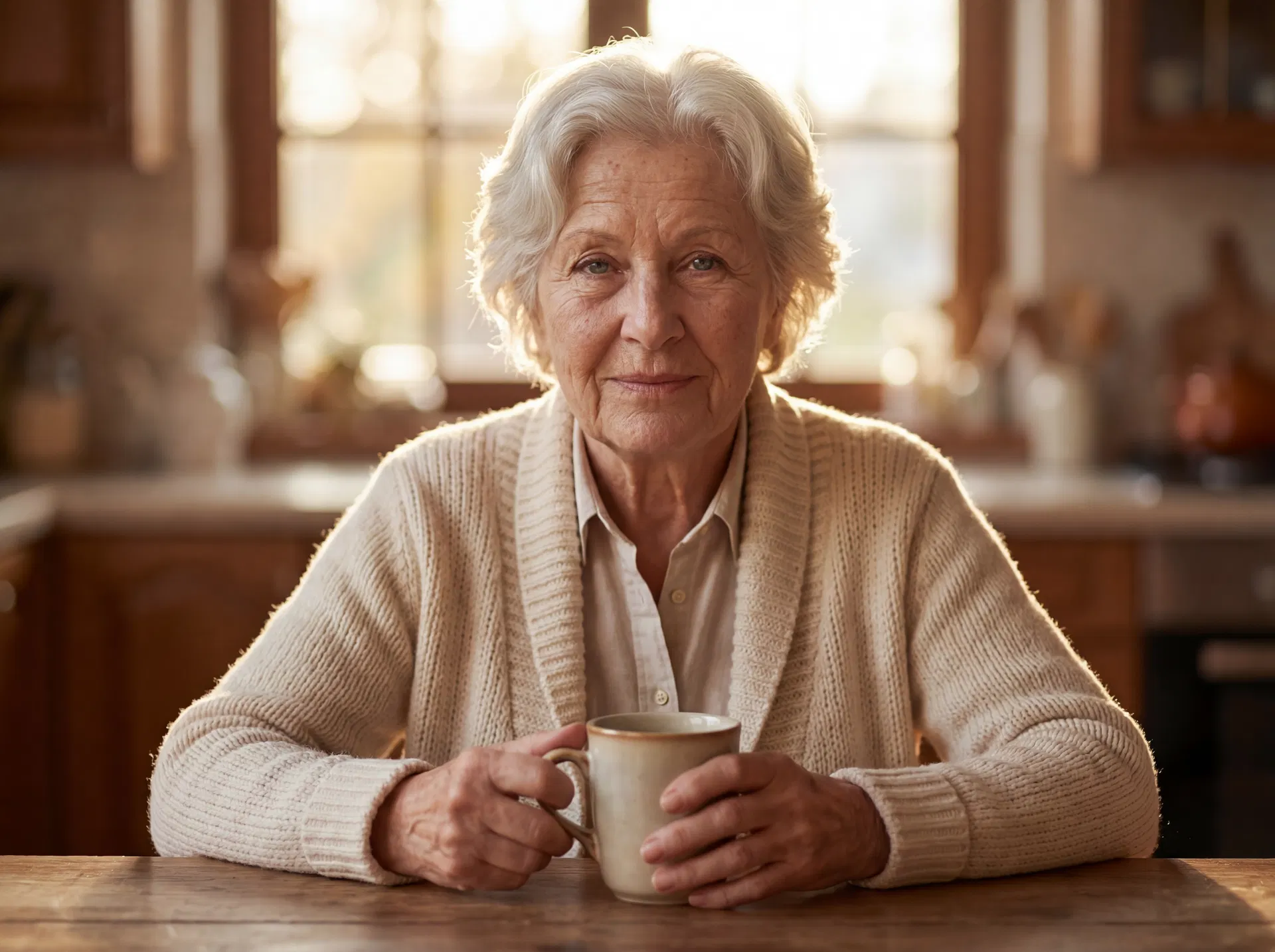 Elderly woman masking morning tiredness