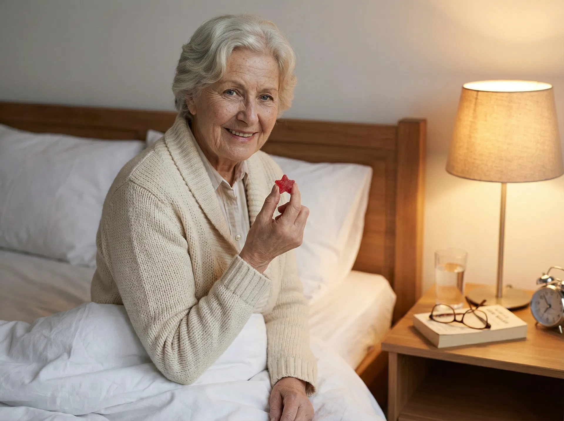 Elderly woman at cozy bedside table with SleepCo gummy