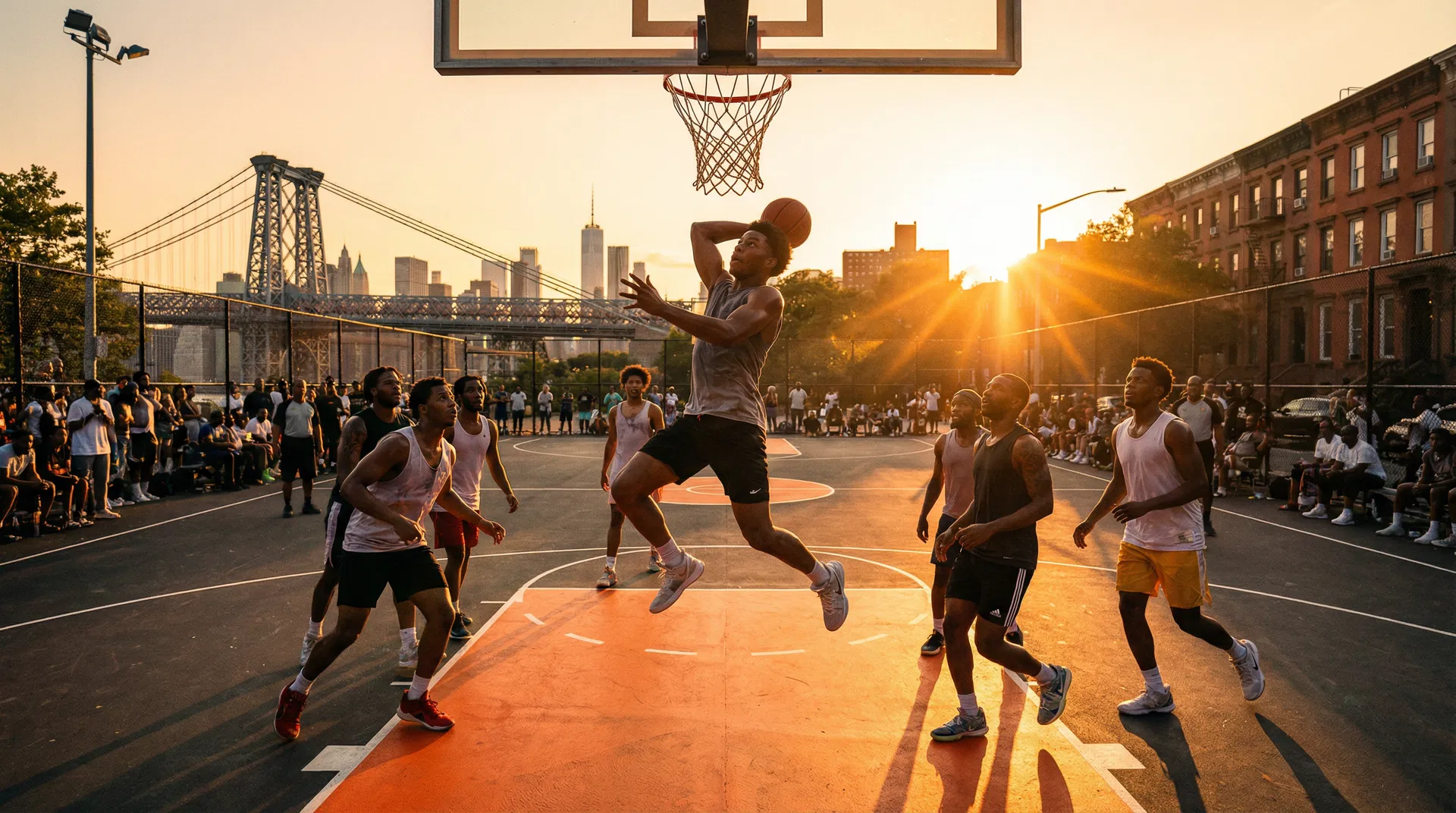Basketball game in Brooklyn at sunset