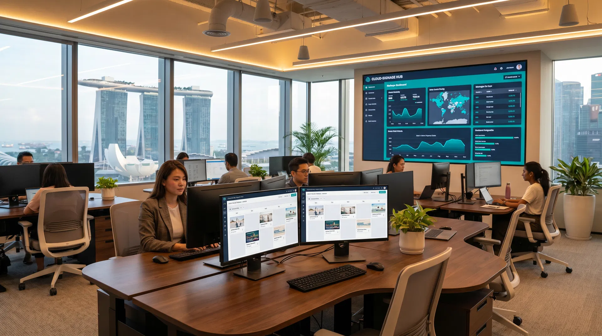 Marketing professional managing digital signage content on a cloud CMS dashboard in a Singapore office