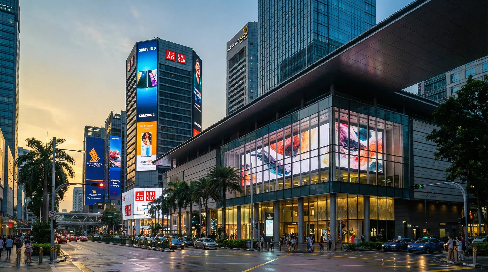 Digital signage displays illuminating Singapore's Orchard Road at dusk